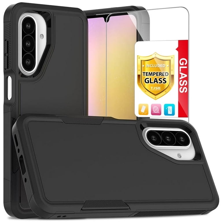 TJS for Samsung Galaxy A26 5G / A17 5G Phone Case, with Tempered Glass Screen Protector, Heavy Duty Rugged Shockproof Full Body Protection Cover for Galaxy A26 5G (Black)