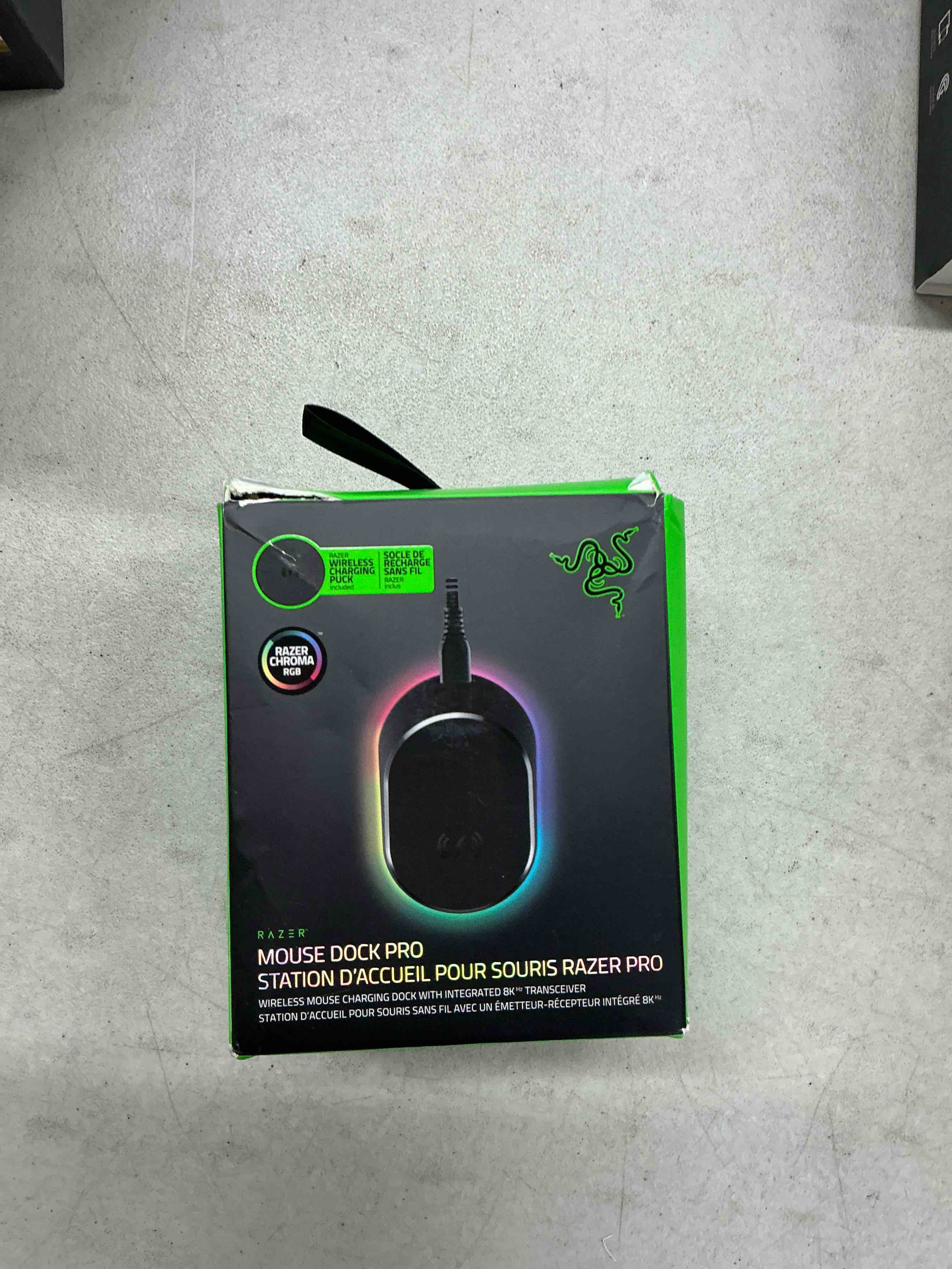 Condition photo showing Good Condition for razer mouse dock pro with wireless charging puck: magnetic wireless charging - integrated hyperpolling 8k hz transceiver - anti-slip base - chroma rgb lighting - black