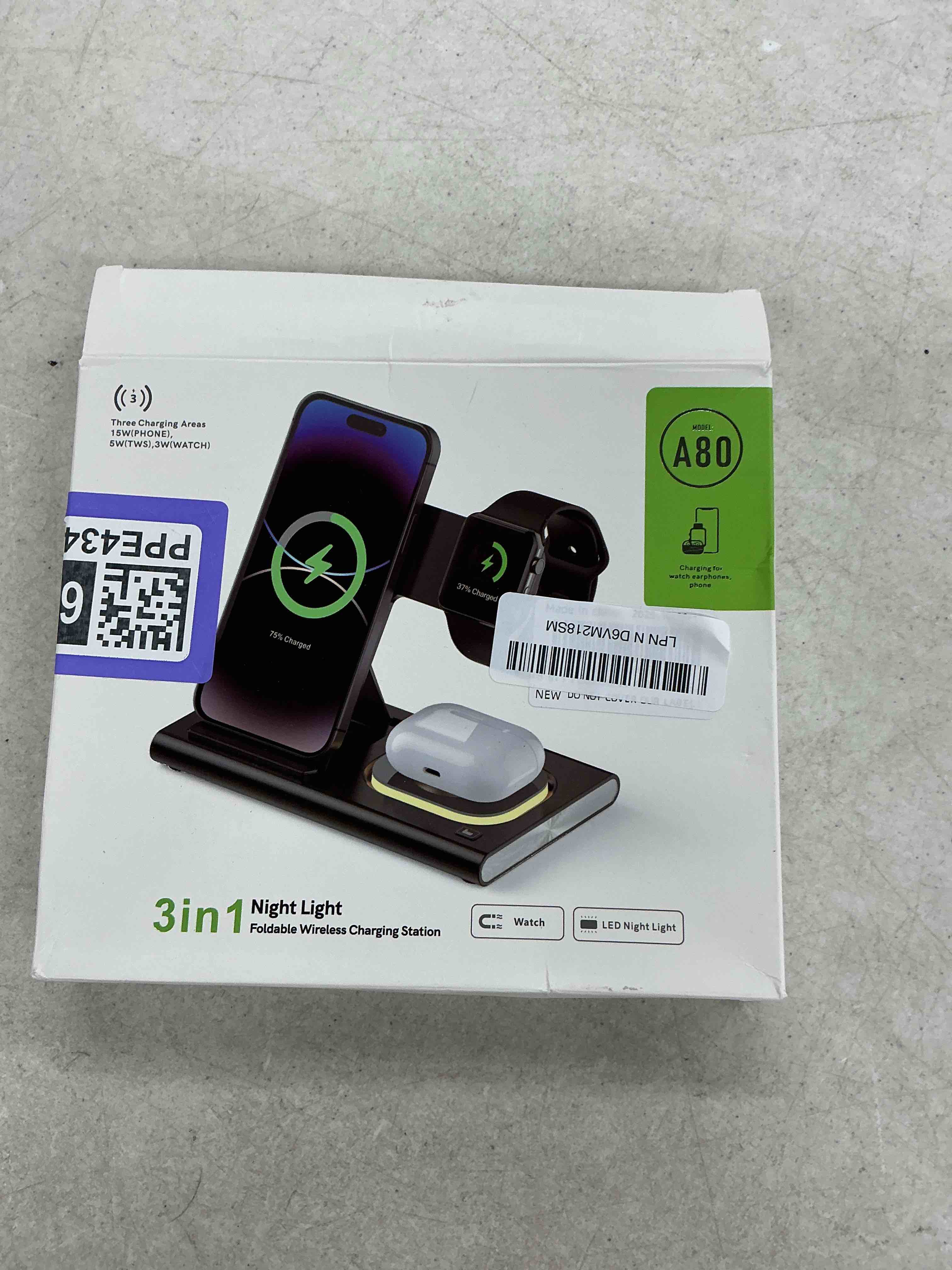 Condition photo showing Good Condition for 3 in 1 foldable charging station for apple products,wireless charger for iphone 17 16 15 14 13 12 pro max,travel dock adapter&light for iwatch series 11 10 9 ultra 3/2 se 3/2,for airpods 4 3 2 pro 3/2 white