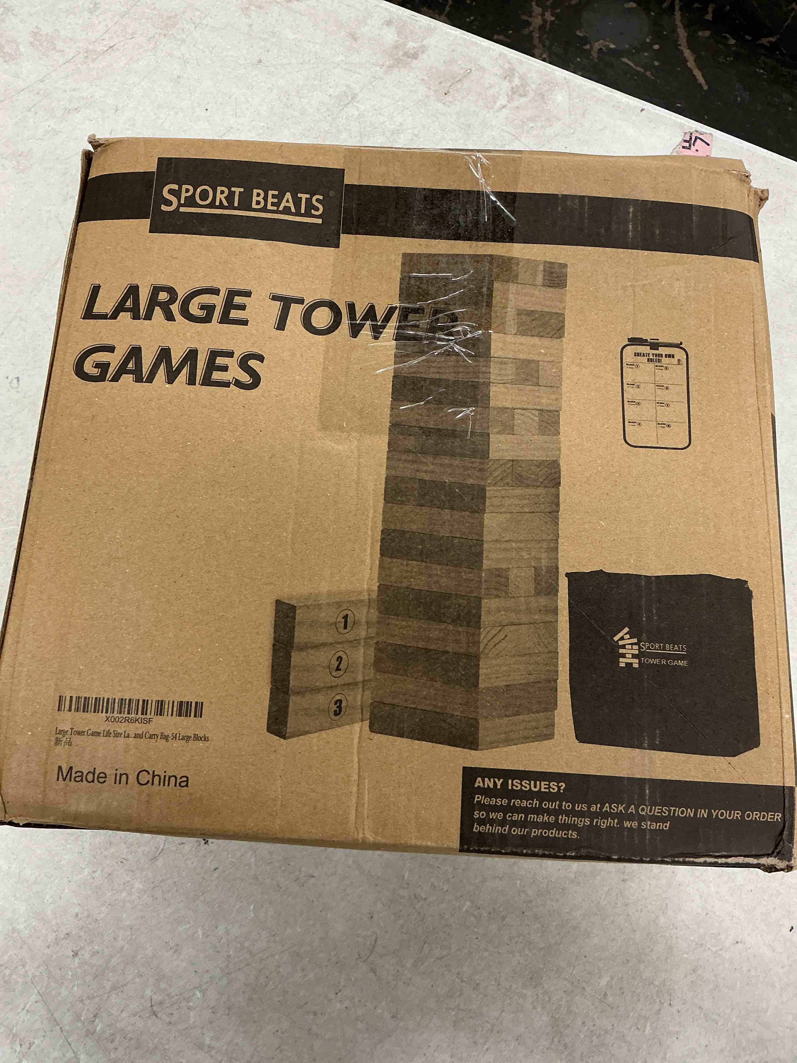 Condition photo showing New/Like New for outdoor games large tower stacking game, 54 wooden blocks, stack up to 4 ft tall, includes carry bag and scoreboard, backyard and beach lawn yard fun for adults and family natural large