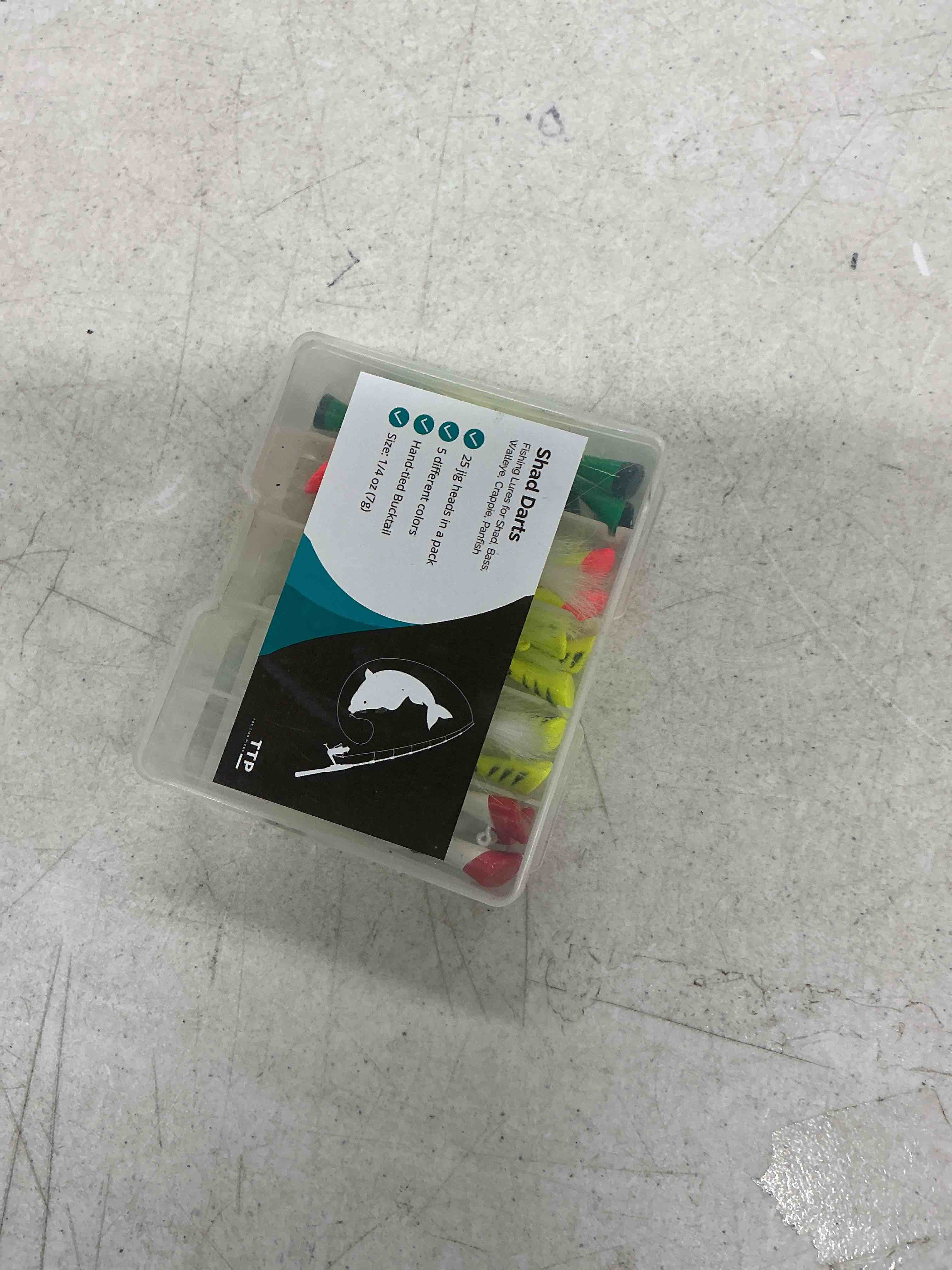 Condition photo showing Good Condition for shad darts fishing lures - (fishing assorted lures - 25 pack). effective and working 1/4 oz jig heads with bucktail, best for crappie, american shad, bass, walley, panfish.