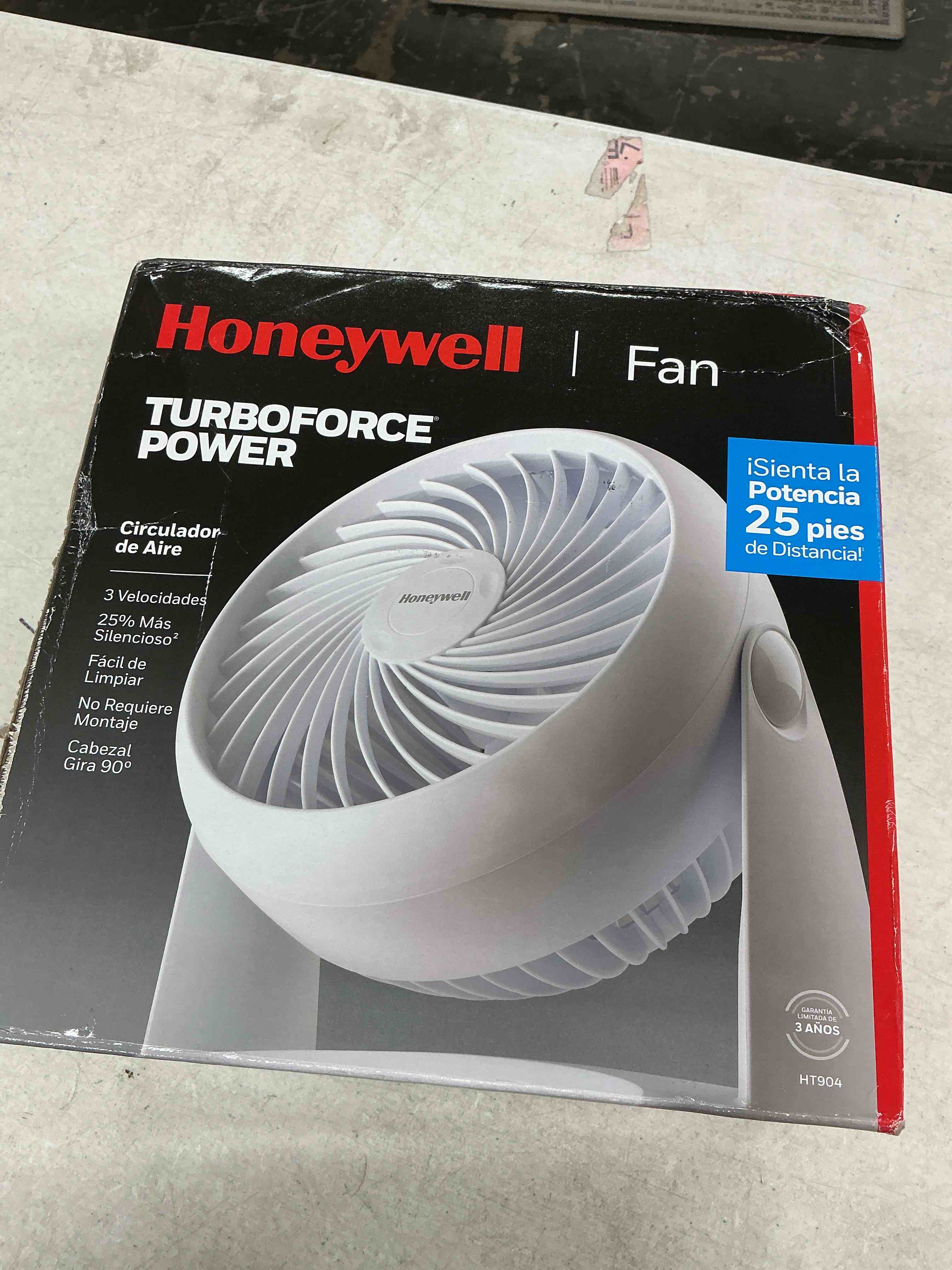 Condition photo showing Good Condition for honeywell turboforce air circulator, small tabletop fan, quiet personal fan for home or office, 3 speeds, 90 degree pivoting head, white, ht-904
