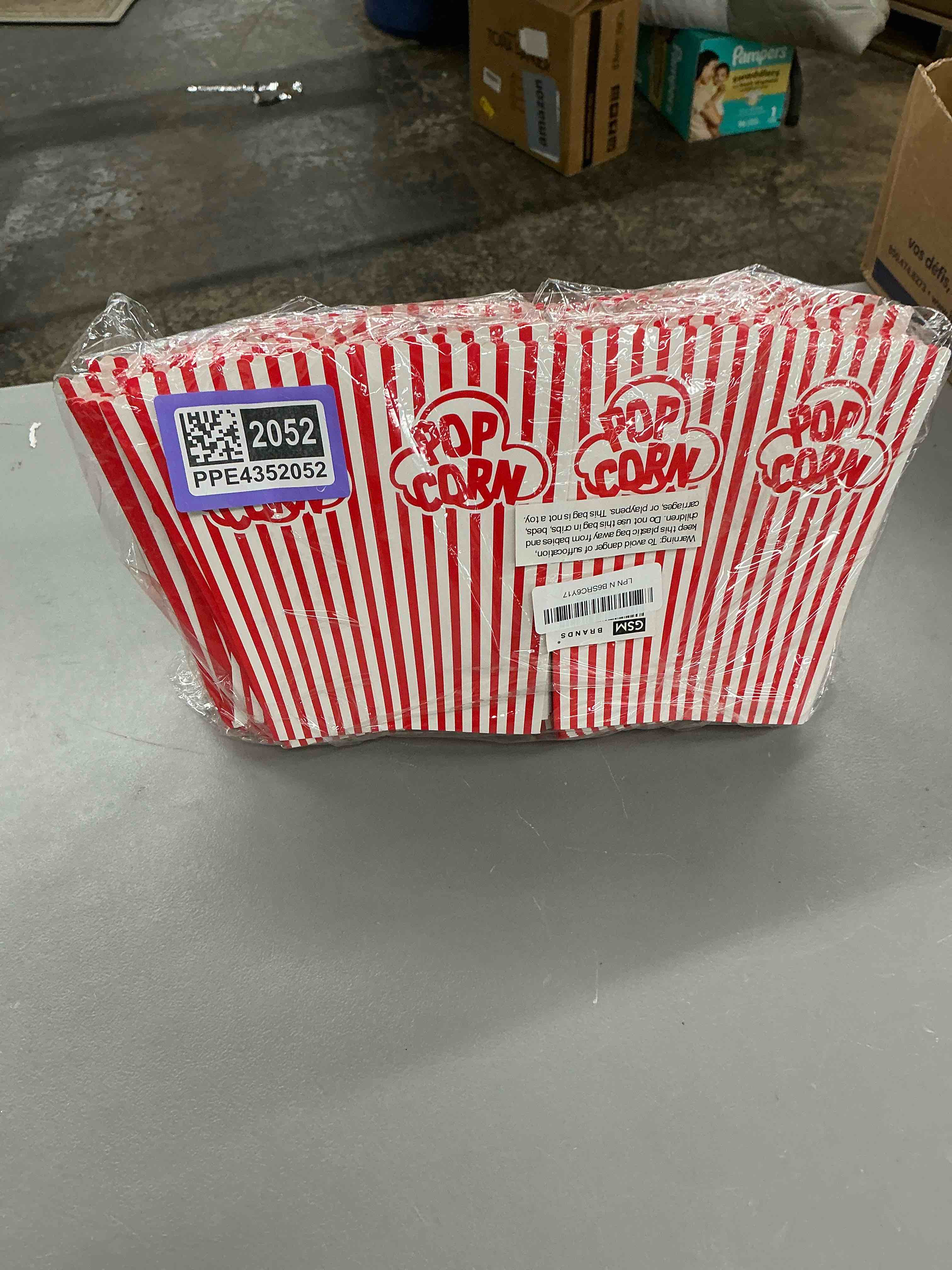 Condition photo showing Good Condition for gsm brands popcorn containers boxes (100 pack) - striped white and red paper - for home movie theater