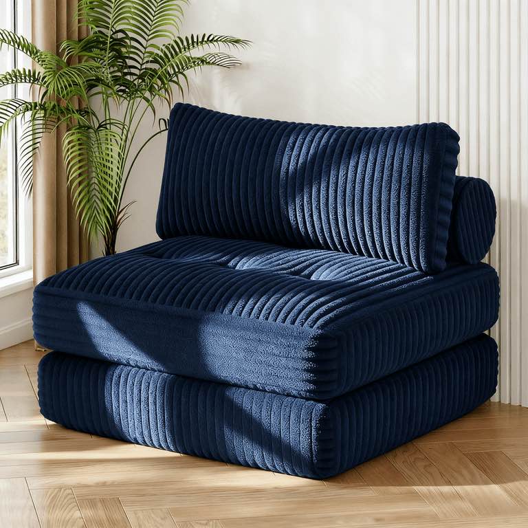 Neche Single Corduroy Convertible Sleeper Sofa - Folding, Pillow Included, Back Support, Portable for Living Room & Bedroom, Navy