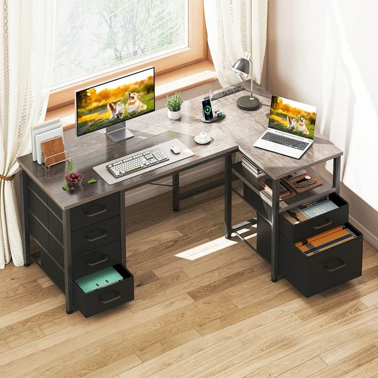 Casacomoda 55 inch Computer Desk with 5 Drawers and File Cabinet for Storage, Office Desk with Storage Shelf & Power Outlets, Home Office Desks, Gray Oak