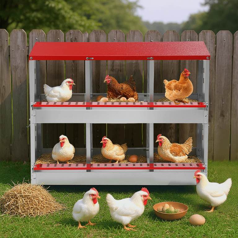 Chicken Nesting Boxes, DOMIPET 6 Compartments Metal Chicken Laying Box with Roll Out Egg Collection & Vented Holes for Chickens, Hens, Ducks, Two-Tier Large Egg Laying Boxes