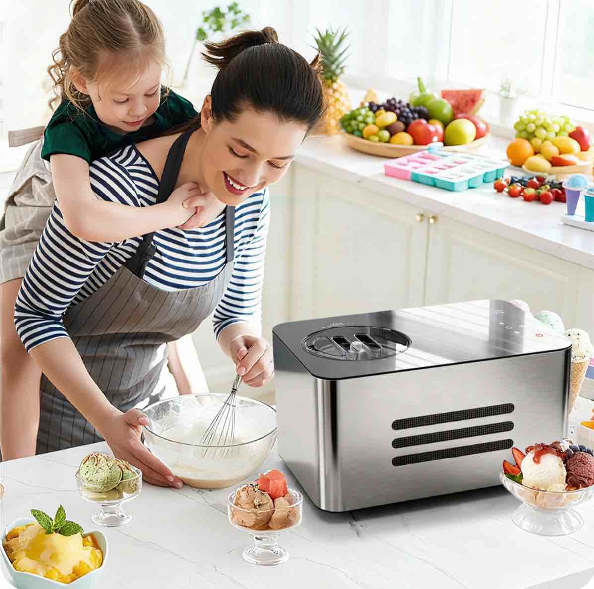 TINANA 2.1QT Ice Cream Maker with Built-In Compressor  No Pre-Freezing  Stainless Steel  LCD Display & Timer  Yogurt Sorbet Gelato Maker