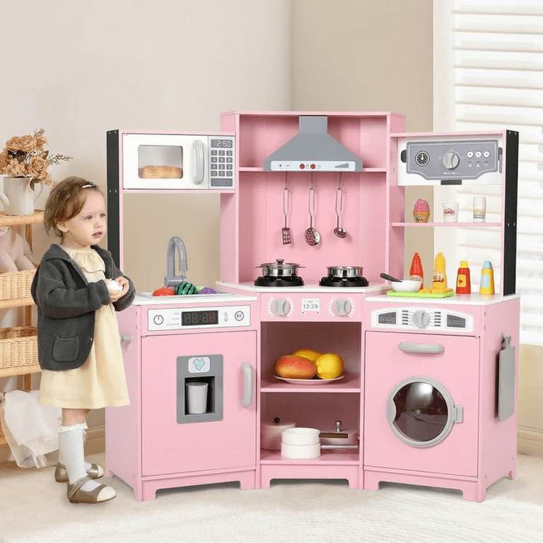 Pirecart Toddler Play Kitchen Corner Wooden Pretend Toys Playset with Realistic Lights & Sounds, Microwave Oven, Washer and Cooking Accessories