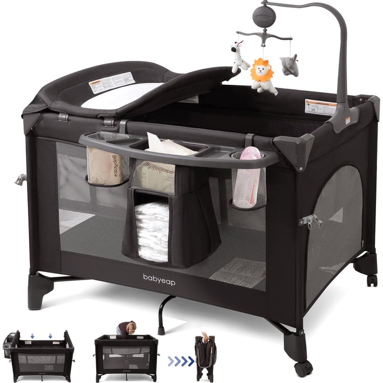 Babyeap 4in1 Baby Bassinet with Playard, 1-Step Fold Portable Playpen with Changing Table, Bedside Sleeper for Newborns, Black