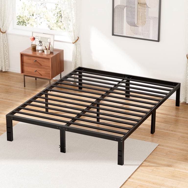 EDX 14 Inches Queen Bed Frame, Heavy Duty Metal Platform with Storage Space Under Frame, No Box Spring Needed Queen Size Bed Frame, Black
