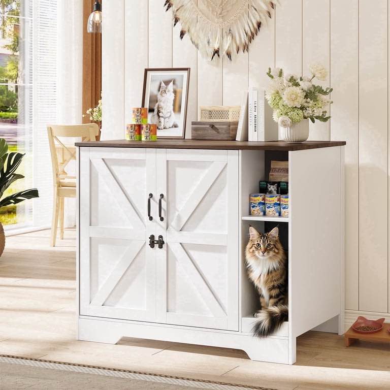 Naipo 42inch XL Litter Robot Enclosure with Power Outlet for Litter Robot 3/4 , Hidden Cat Litter Box Cabinet with Cat Scratch Pad , Dog Proof, White