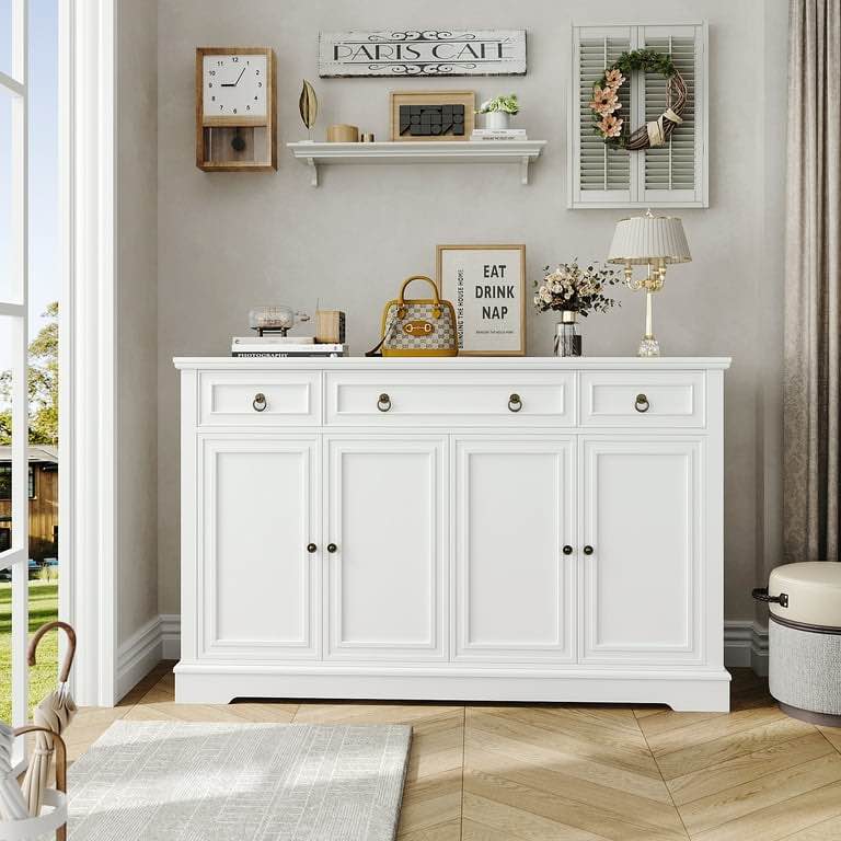 Homfa Buffet Cabinet With Drawers, 53.5"w Sideboard Storage Cabinet With Adjustable Shelf For Kitchen Dining Room, White
