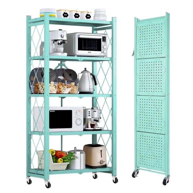 COOKCOK 5-Tier Storage Shelving Unit  Metal Shelf 27.9 x13.4 x62.5  Foldable Storage Shelf with Wheels  Garage Shelf  Metal Storage Rack  Kitchen Shelf with 4 Hooks No Assemble Require Blue