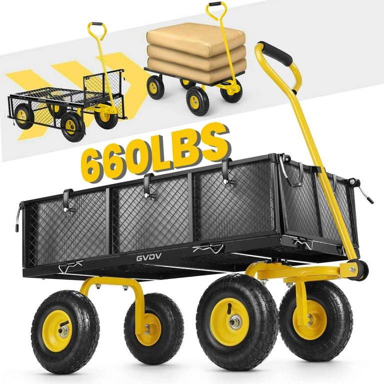 GVDV Heavy Duty Steel Garden Cart with Liner, 660lbs Capacity, 3 Cu ft, 10" All-Terrain Wheels, Black/Yellow – Durable Utility Cart for Yard Work, Hauling, and Outdoor Use Best seller