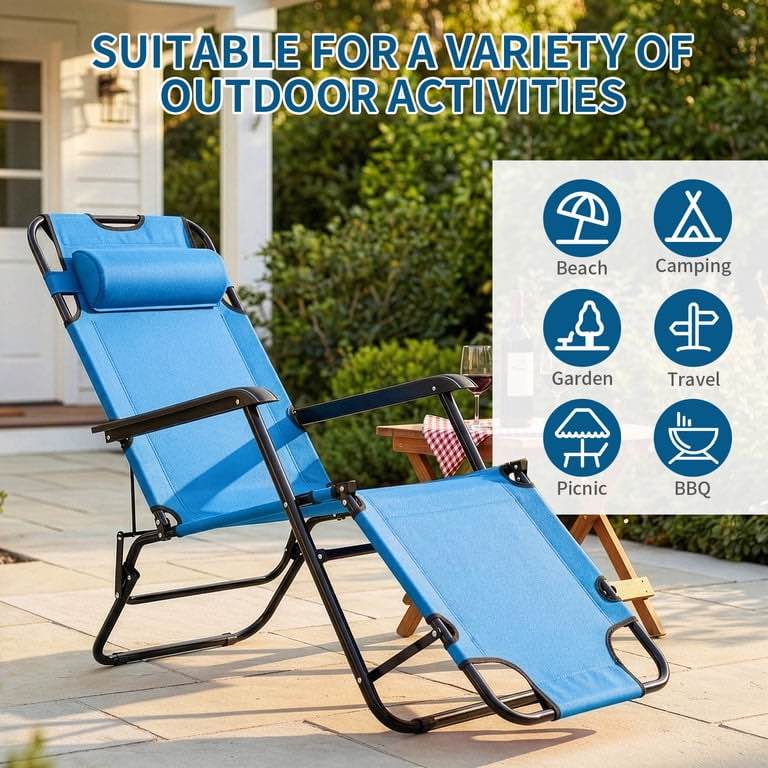 Ktaxon Adjustable 2-in-1 Folding Chaise Lounge Chair - Versatile Tanning Recliner with Removable Pillow for Indoor & Outdoor Use  Blue