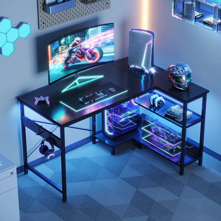 Casacomoda Computer Desk 40 Inch L Shaped with Storage Shelves & CPU Stand, Small Corner Gaming Desk with Headphone Hook, Black