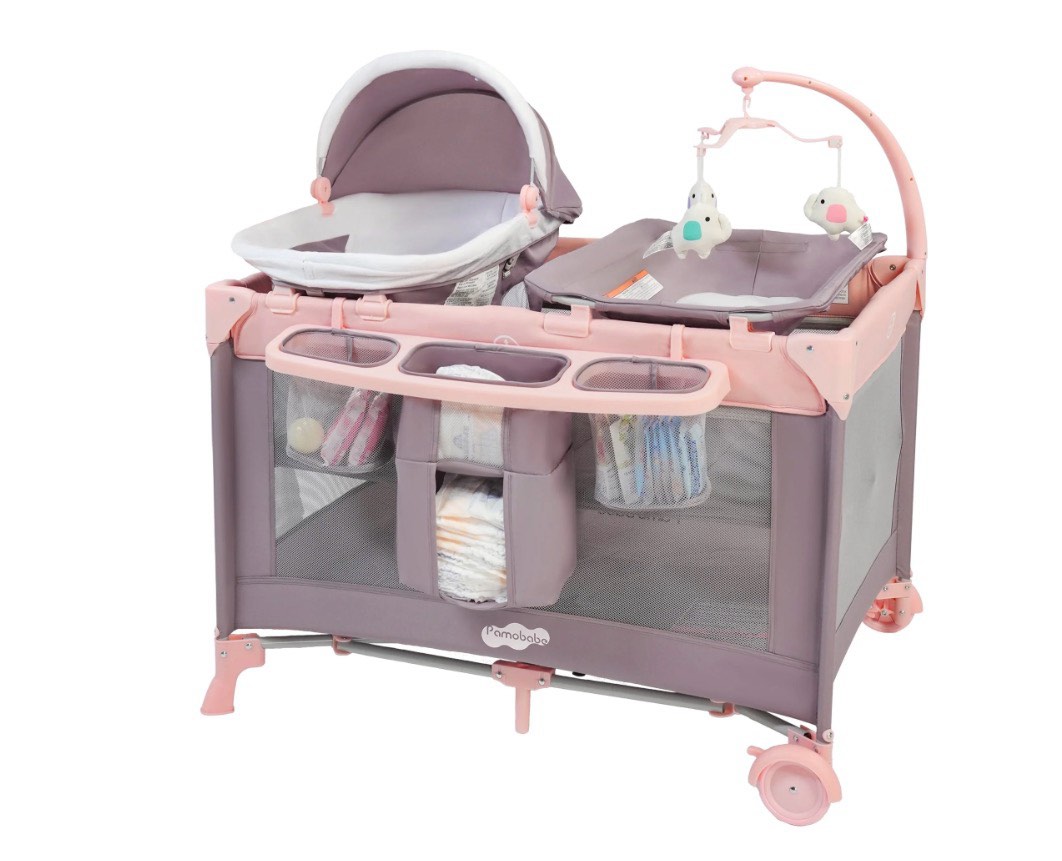 Pamo Babe 4-in-1 Baby Playard with Bassinet & Changing Table for Newborn,4-Panels Playpen
