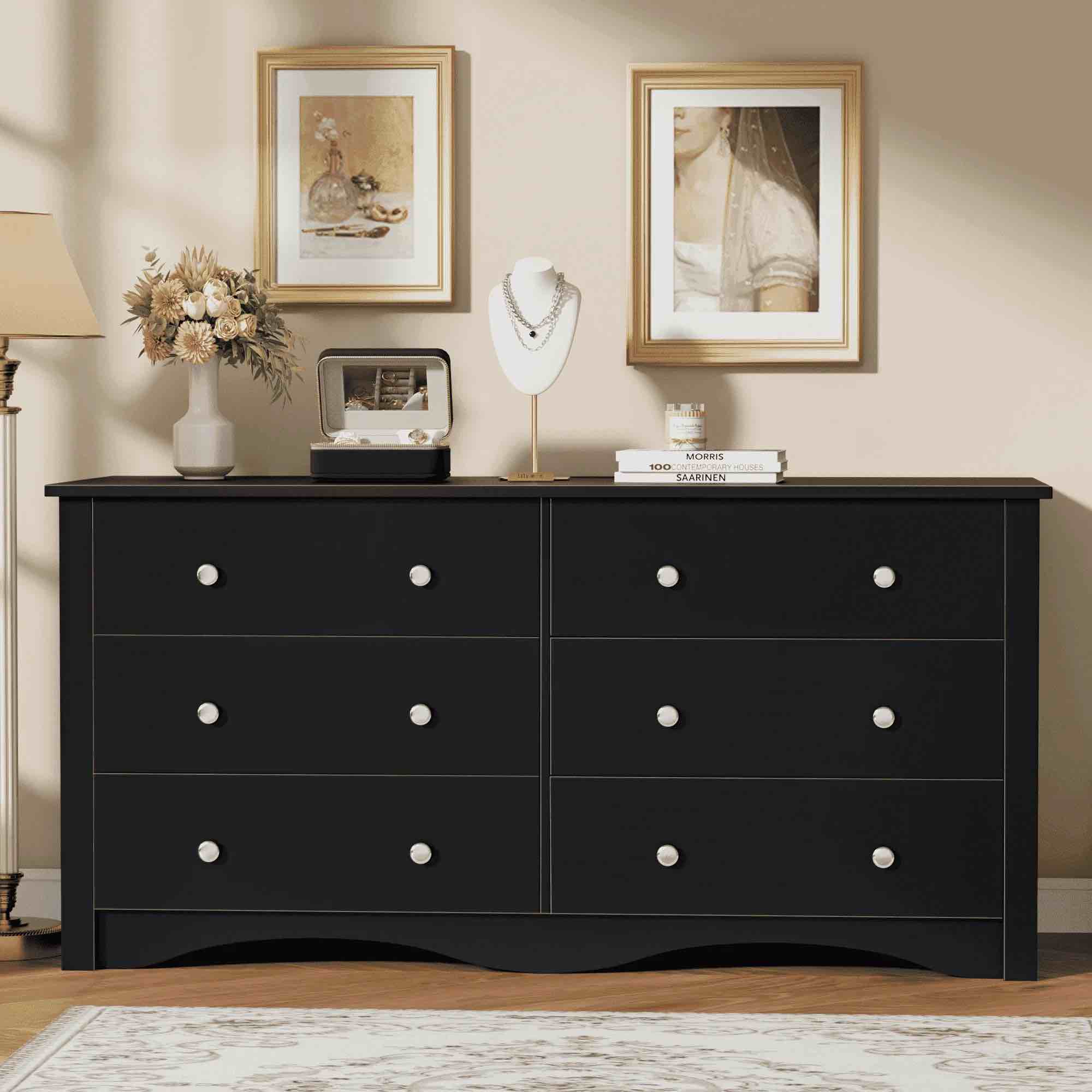 Homall 6 Drawer Wood Dresser Furniture, Double Tier Storage Cabinet for Bedroom & Living Room,Black Finish