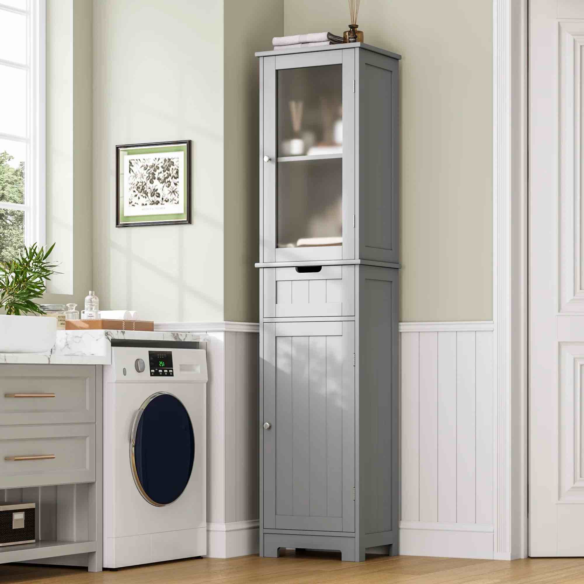 Homfa Bathroom Storage Tower, Narrow Linen Cabinet with Door and Drawers, Tall Bathroom Storage Cabinet for Small Spaces, Gray