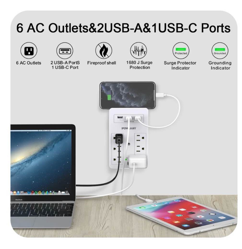 Wall Mount Surge Protector - 6 AC Outlets, 3 USB (1 USB-C) Charging Ports, Surge Protection for Home, Office