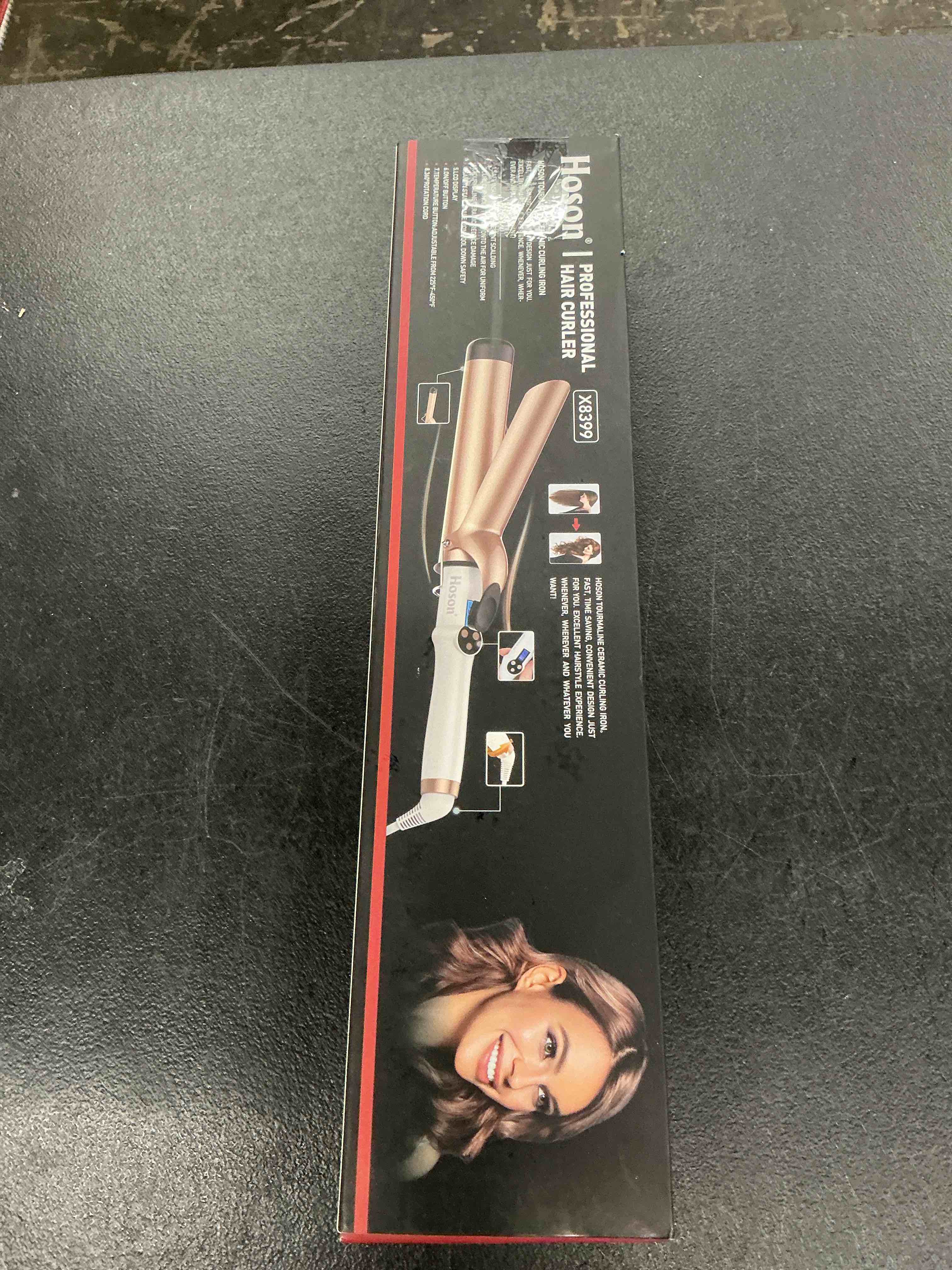 Condition photo showing New/Like New for hoson 1 1/2 inch curling iron large barrel, 1.5 inch long barrel curling wand dual voltage, ceramic tourmaline coating with lcd display, glove include