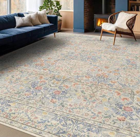 Vintage Washable Beige Blue 10x14 Rug for Living Room - Extra Large Area Rug for Dining Room Under Table, Bedroom - Botanical Floral Design with Purple Red Accent, Non-Slip Lightweight Soft Low Pile