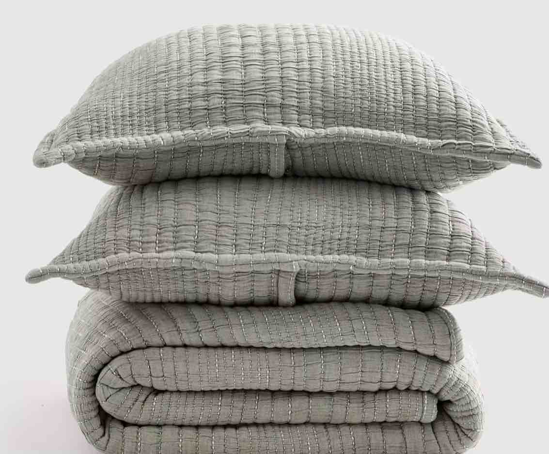 QUINCE Organic Cotton Channel Stitch Coverlet Set, King/Cal King, Green