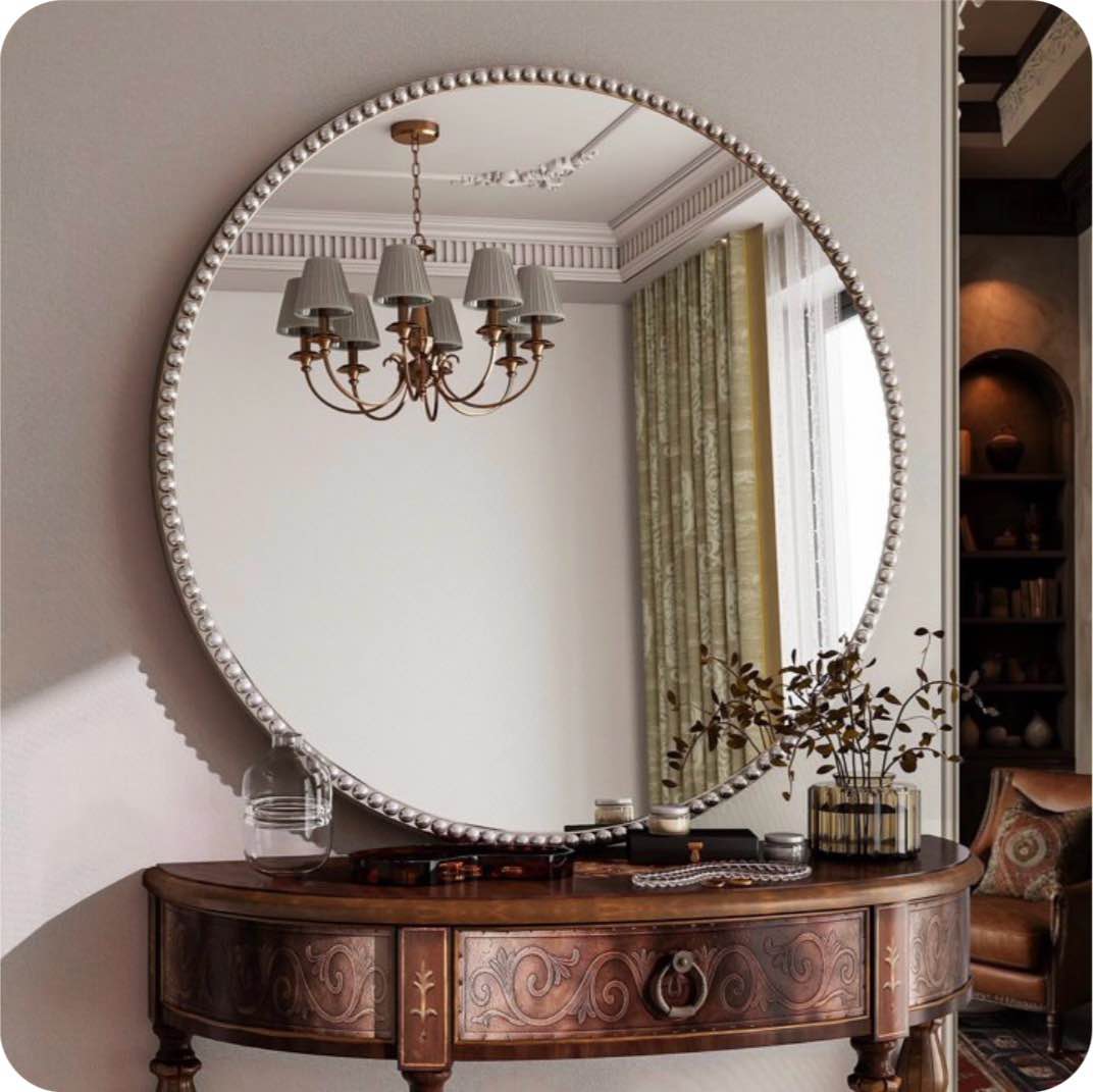 BEAUTYPEAK 28" Large Round Bathroom Mirror Decorative Vintage Mirror, Silver