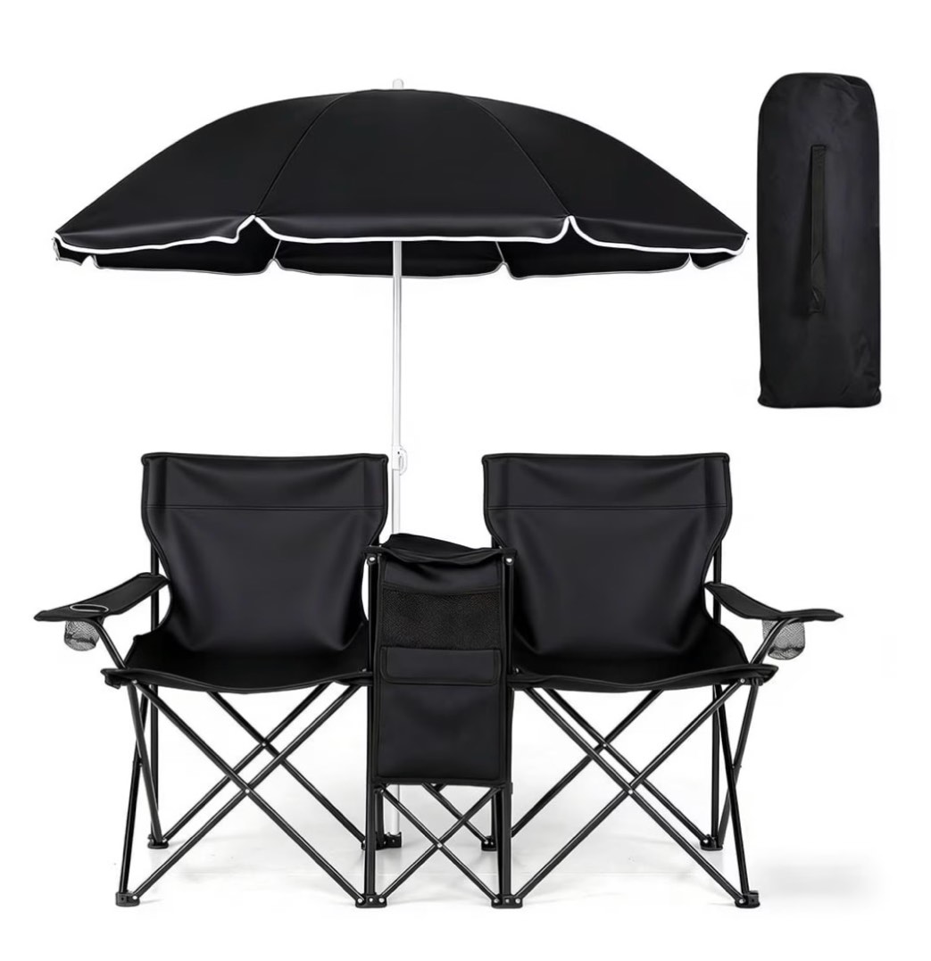 COWIN Outdoor Foldable Picnic Double Chair ,Camping Chairs with Umbrella Camping Double Portable Chairs Folding Beach Chair with Insulation Bag,Backpacking Black