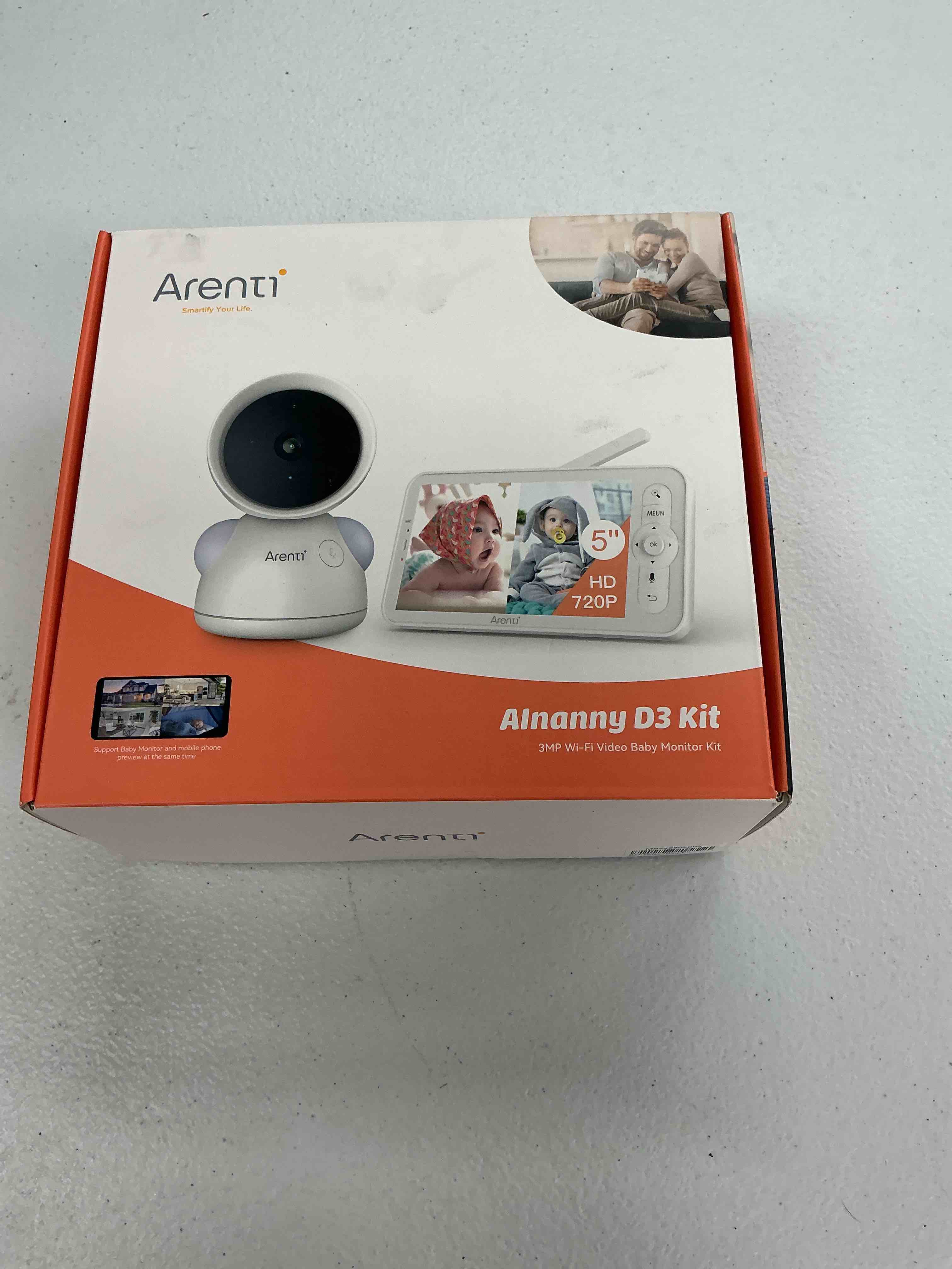 Condition photo showing New/Like New for arenti baby monitor, 2k/3mp wifi 6 camera and audio, 5-inch wireless screen, smartphone app, super night vision, crying detection, auto tracking, temp&humidity sensor, cloud&sd card storage (d3 kit) 1cam 1display