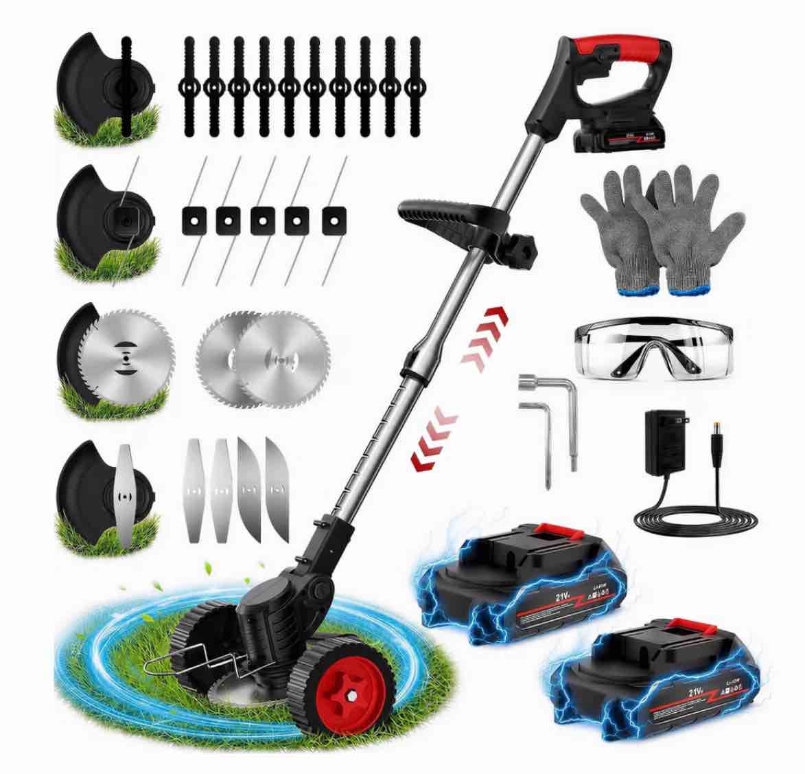 Teblint 650W Electric Weed Wacker  Cordless String Trimmer  Weed Eater Grass Trimmer/Edger/Cutter with Wheels  2Pcs 21V Batteries  5 Types of Blades  