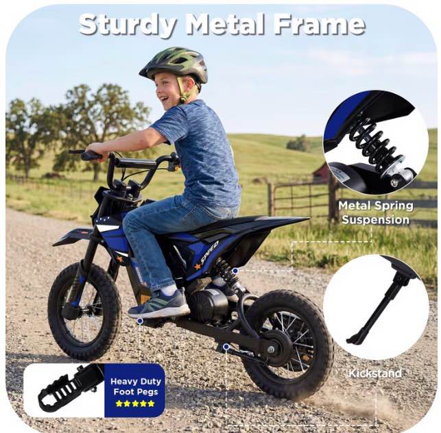 Wisairt 36V Kids Electric Dirt Bike, 15.5 mph High-Speed Electric Motorcycle Ride on Dirt Bike for Kids Aged 5-10, 133 lbs Max Load, 10-mile Range, Waterproof Seat, Twist Grip Throttle, Blue