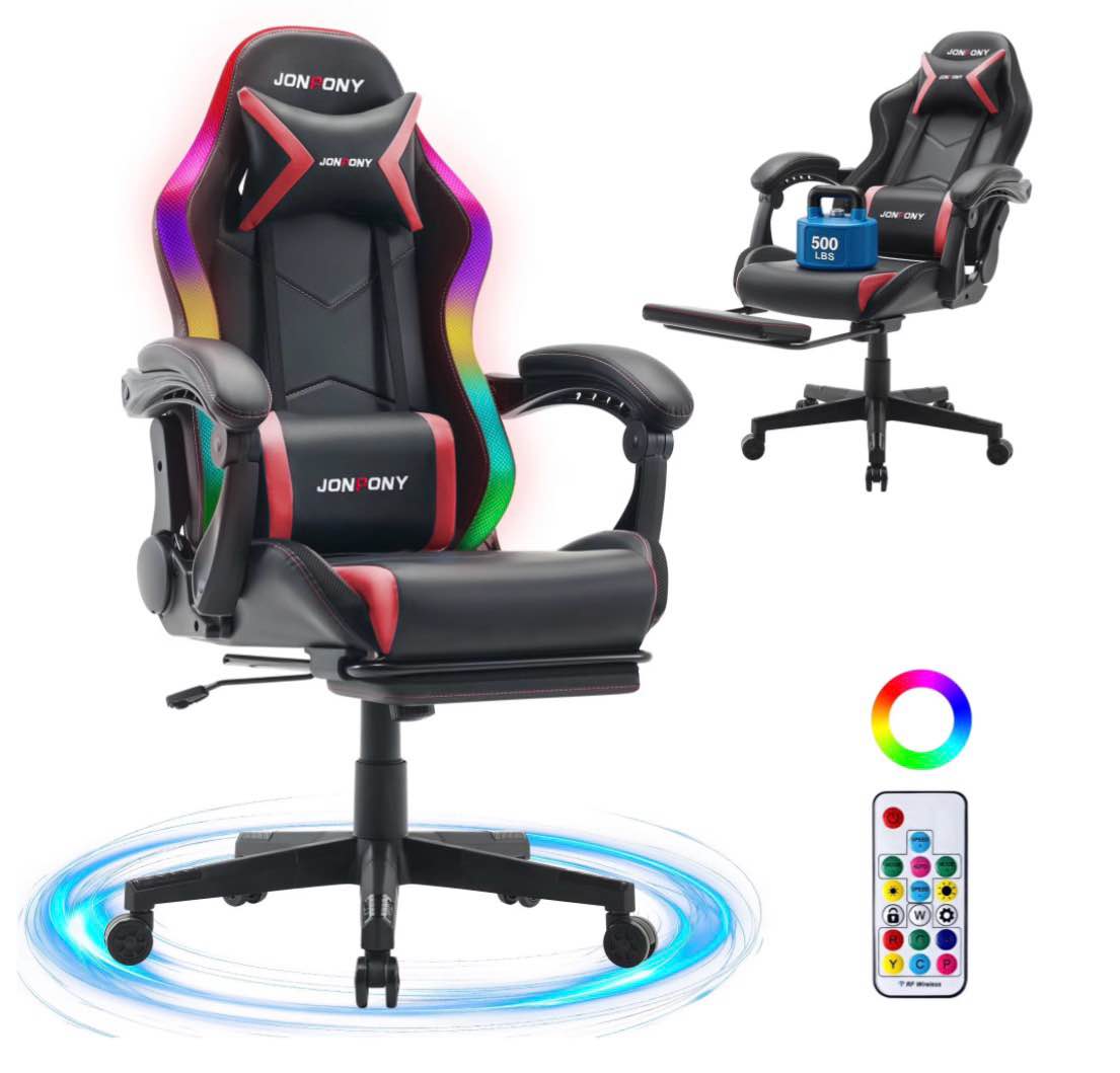 JONPONY Gaming Chair,Racing Style RGB LED Lights,Ergonomic Video Game Chair with Footrest and Lumbar Support ,High Back Reclining Computer Chair for Adults (Black/Red))