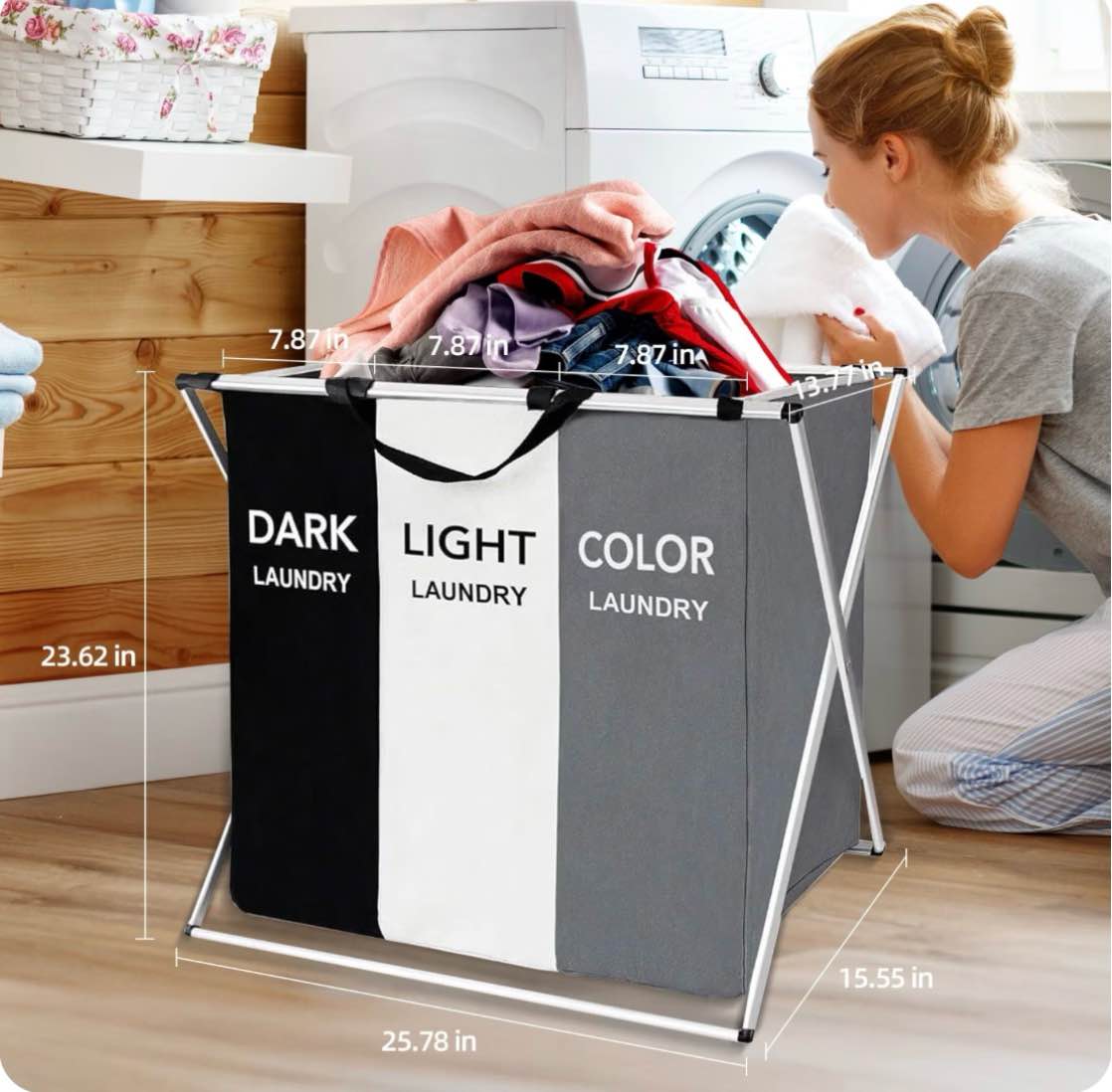 Torio Collapsible Laundry Basket, 3-Compartment Freestanding Clothes Hamper with Reinforced Handles, Large Capacity Waterproof for Bedroom College Dorm