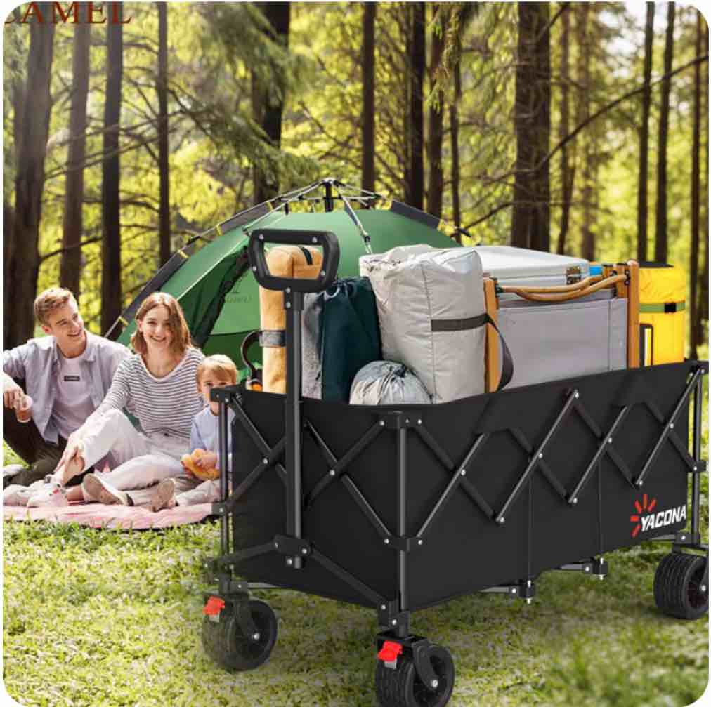 Yacona Wagons Carts Foldable  52  Extra Large Beach Wagon  Collapsible Rolling Cart with Big Wheels for Camping  Shopping  Picnic  Black