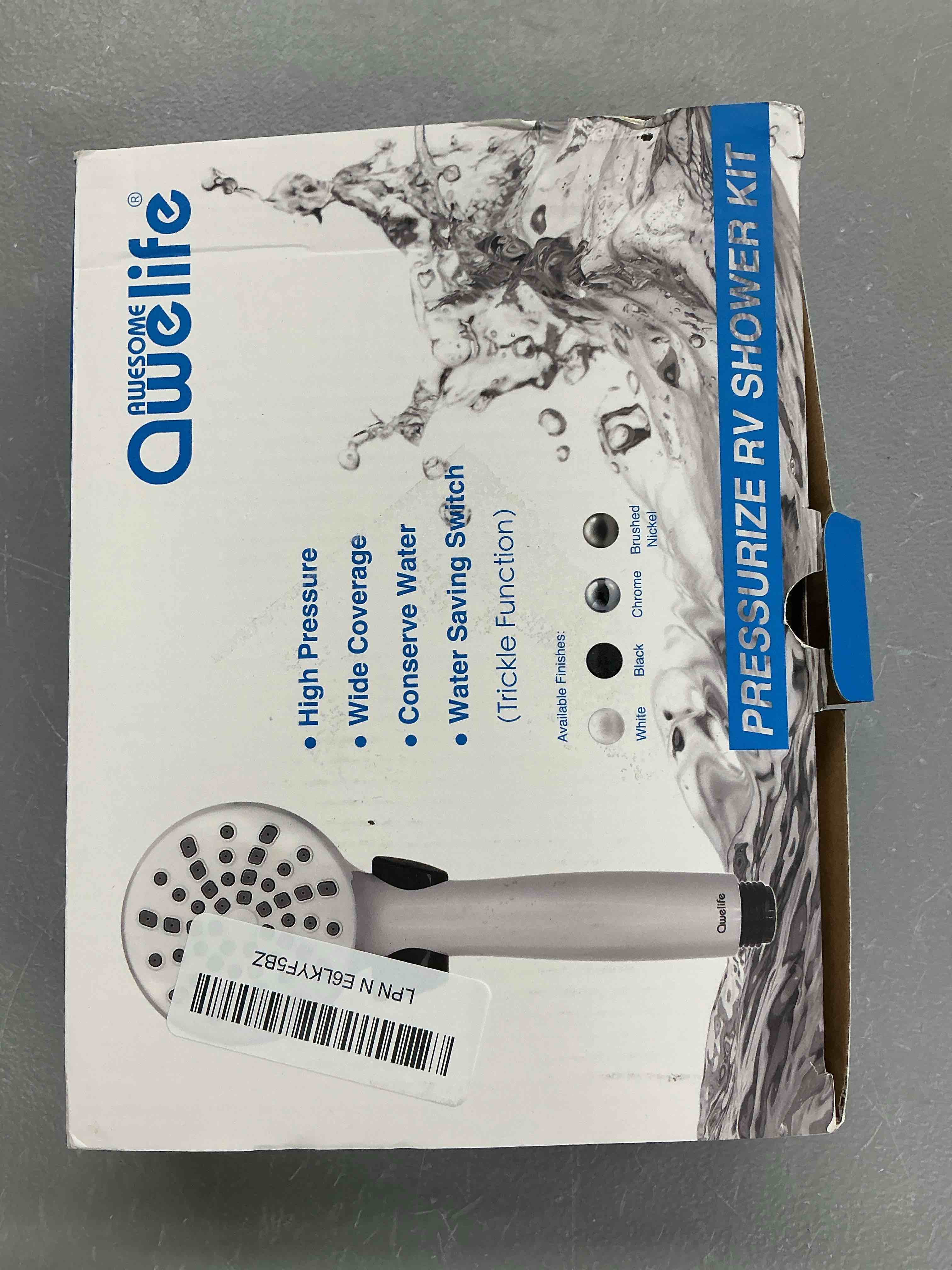 Condition photo showing New/Like New for rv shower head with hose and on off switch (trickle), water saving high pressure shower head with hose guide ring, shower holder for rv, camper, van, travel trailer, motorhome, boat, white