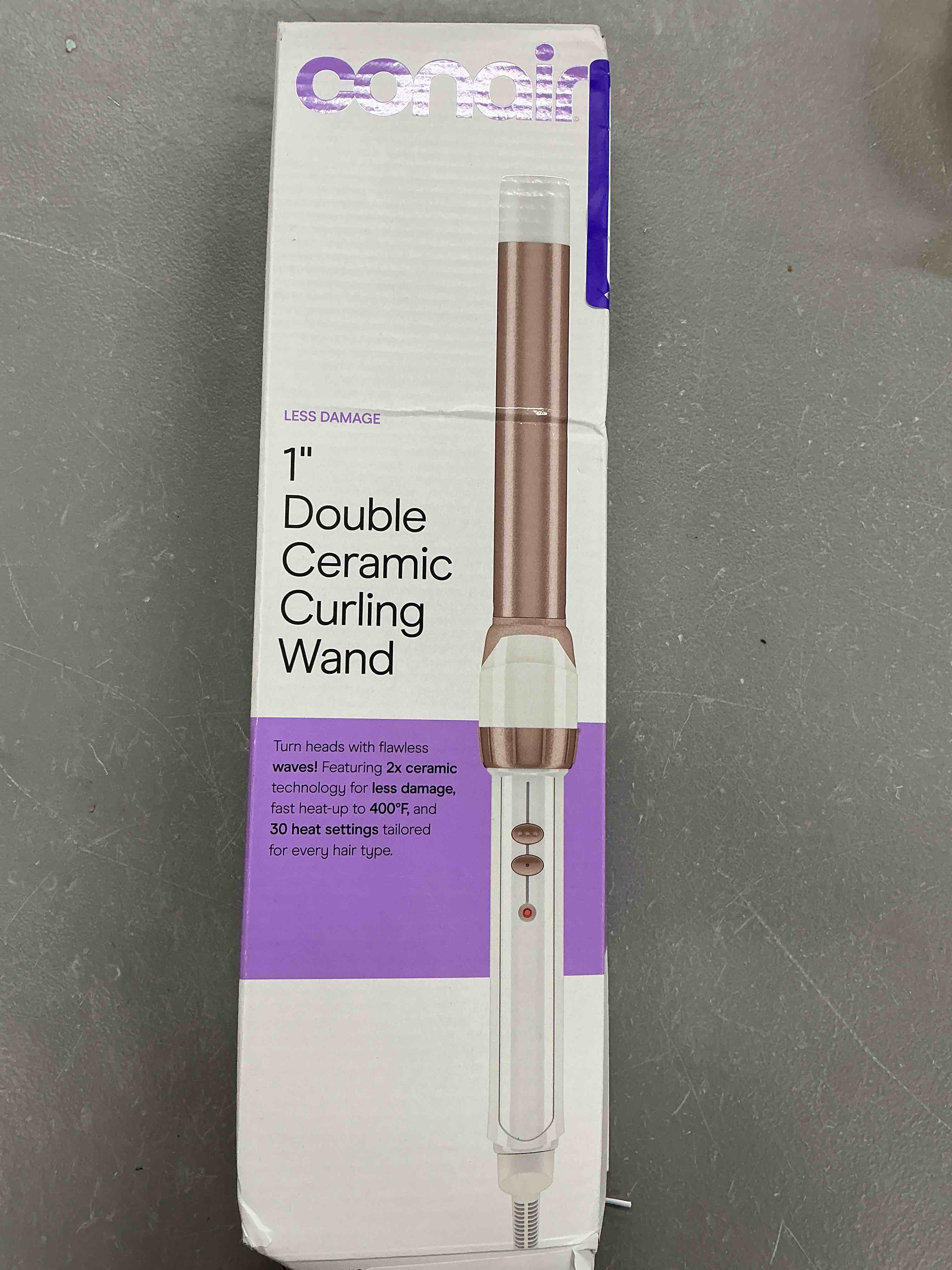 Condition photo showing New/Like New for conair double ceramic 1-inch curling wand, clamp-free hair wand for beachy waves, 30 heat settings up to 400°f with turbo heat & dual voltage, white/rose gold, cd705l white/rose gold 1 inch wand (pack of 1)