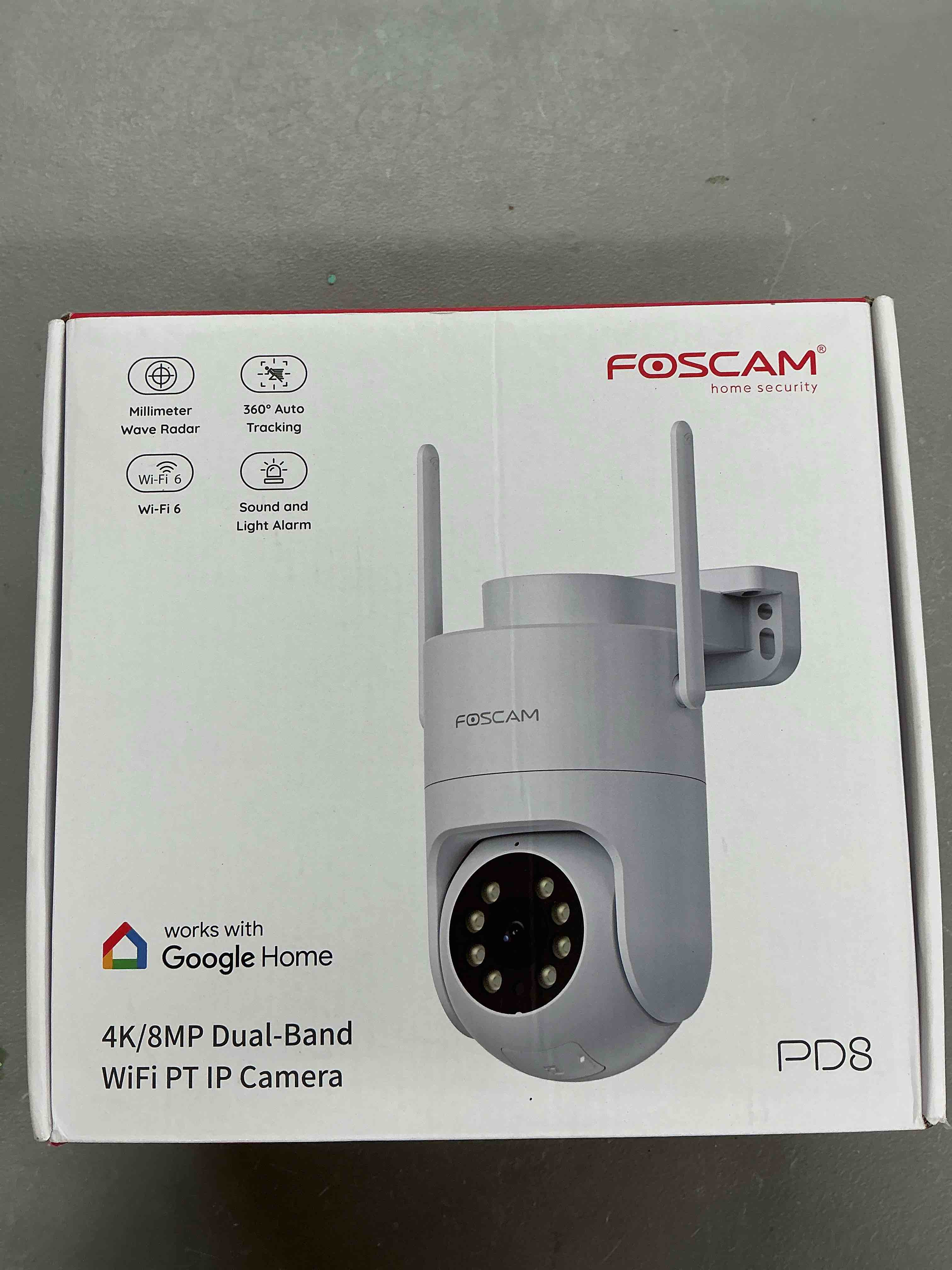 Condition photo showing New/Like New for foscam 4k security camera outdoor, full space sense wifi camera 360° radar auto-tracking, no-blind-spot view, human/car/motion/sound detection, color night vision, ip66 compatible with alexa white