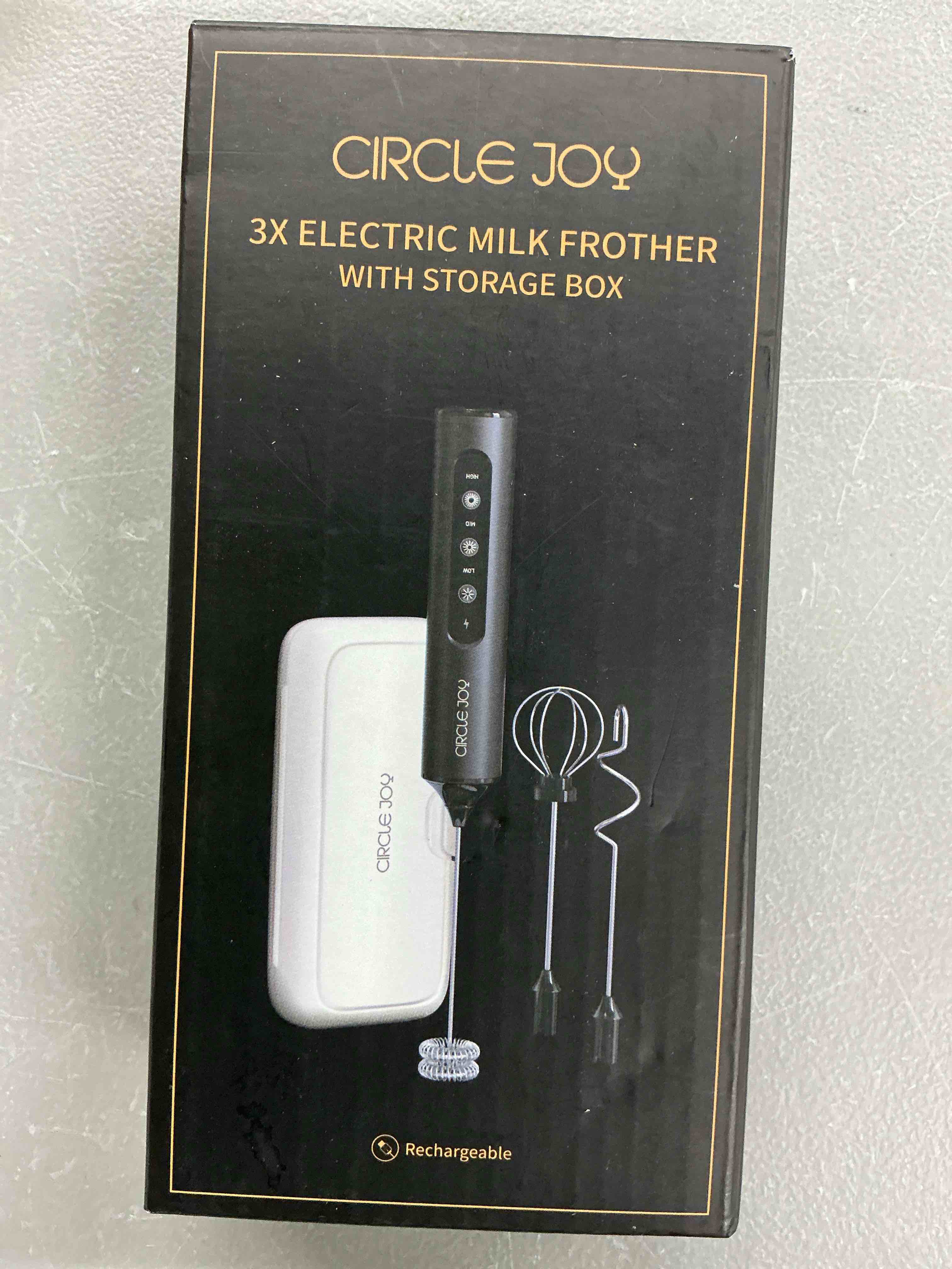 Condition photo showing Good Condition for circle joy rechargeable handheld milk frother wand with 3 variable speeds, 3 whisks and storage box, electric drink mixer for latte, cappuccino, hot chocolate, eggs and protein powder, black rechargeable with storage box - black