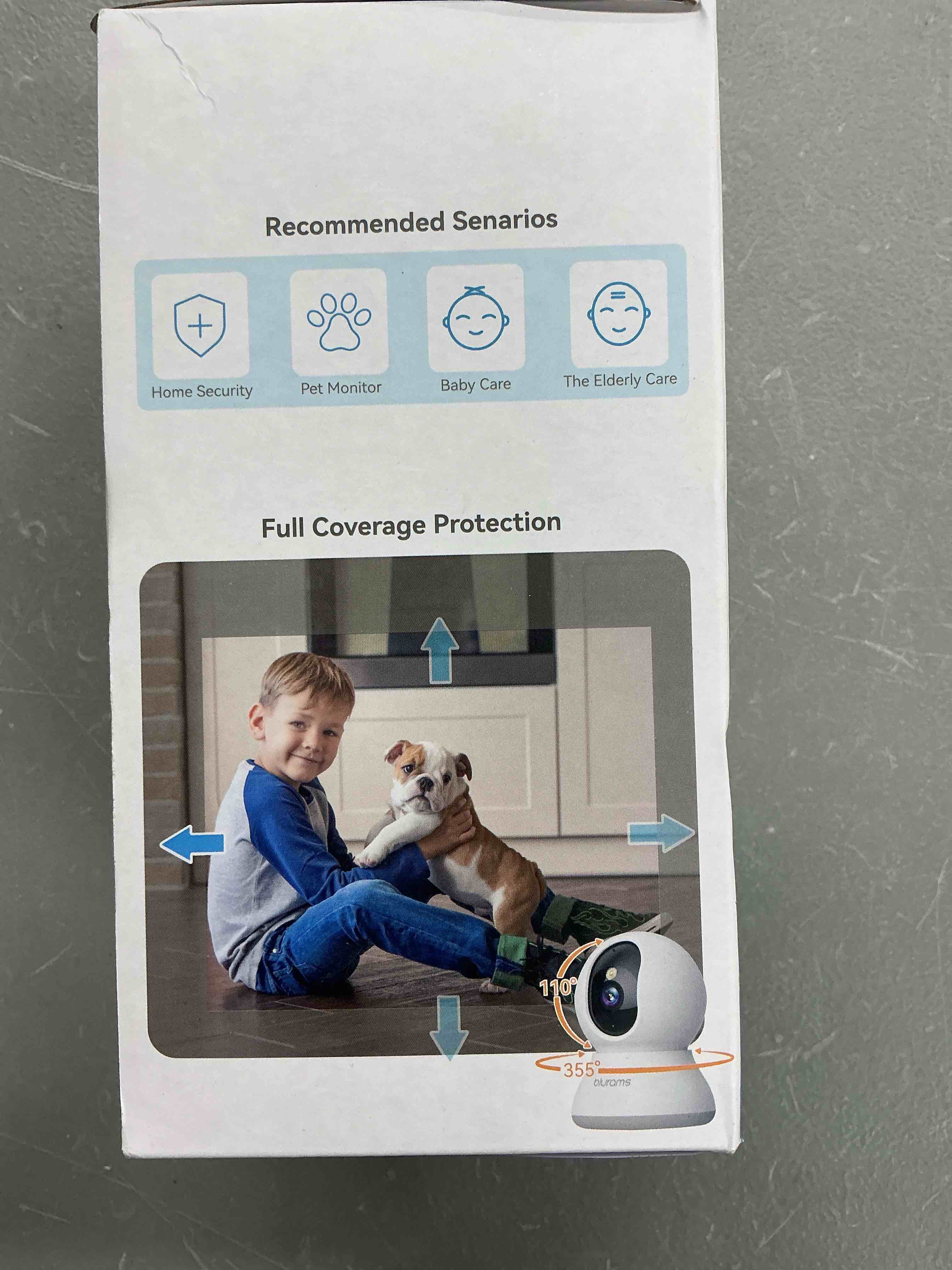 Condition photo showing Good Condition for security camera 2k, blurams baby monitor dog camera 360-degree for home security w/smart motion tracking, phone app, ir night vision, siren, works with alexa & google assistant & ifttt, 2-way audio white-1pack