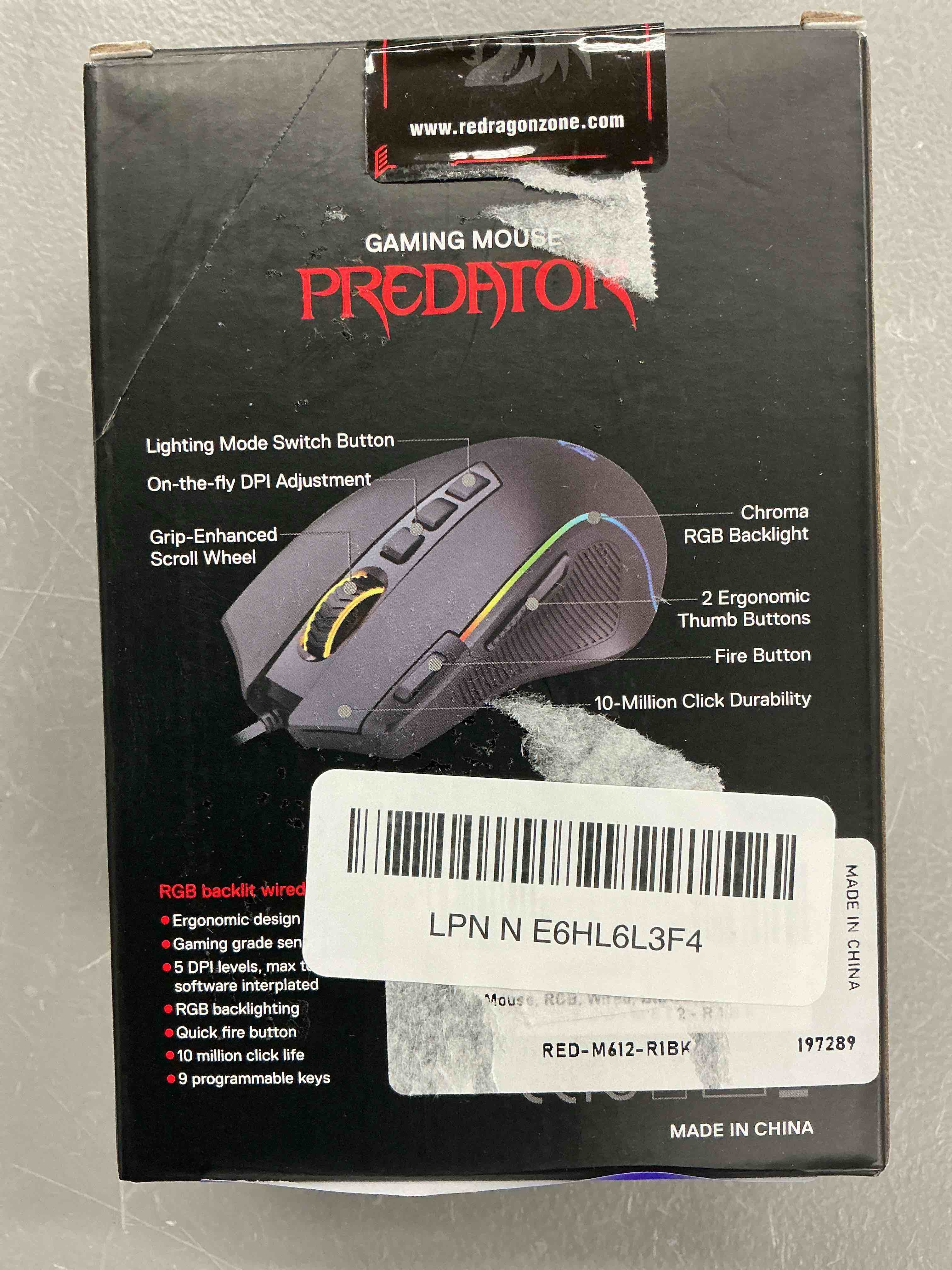 Condition photo showing New/Like New for redragon m612 predator rgb gaming mouse, 8000 dpi wired optical mouse with 11 programmable buttons & 5 backlit modes, software supports diy keybinds rapid fire button