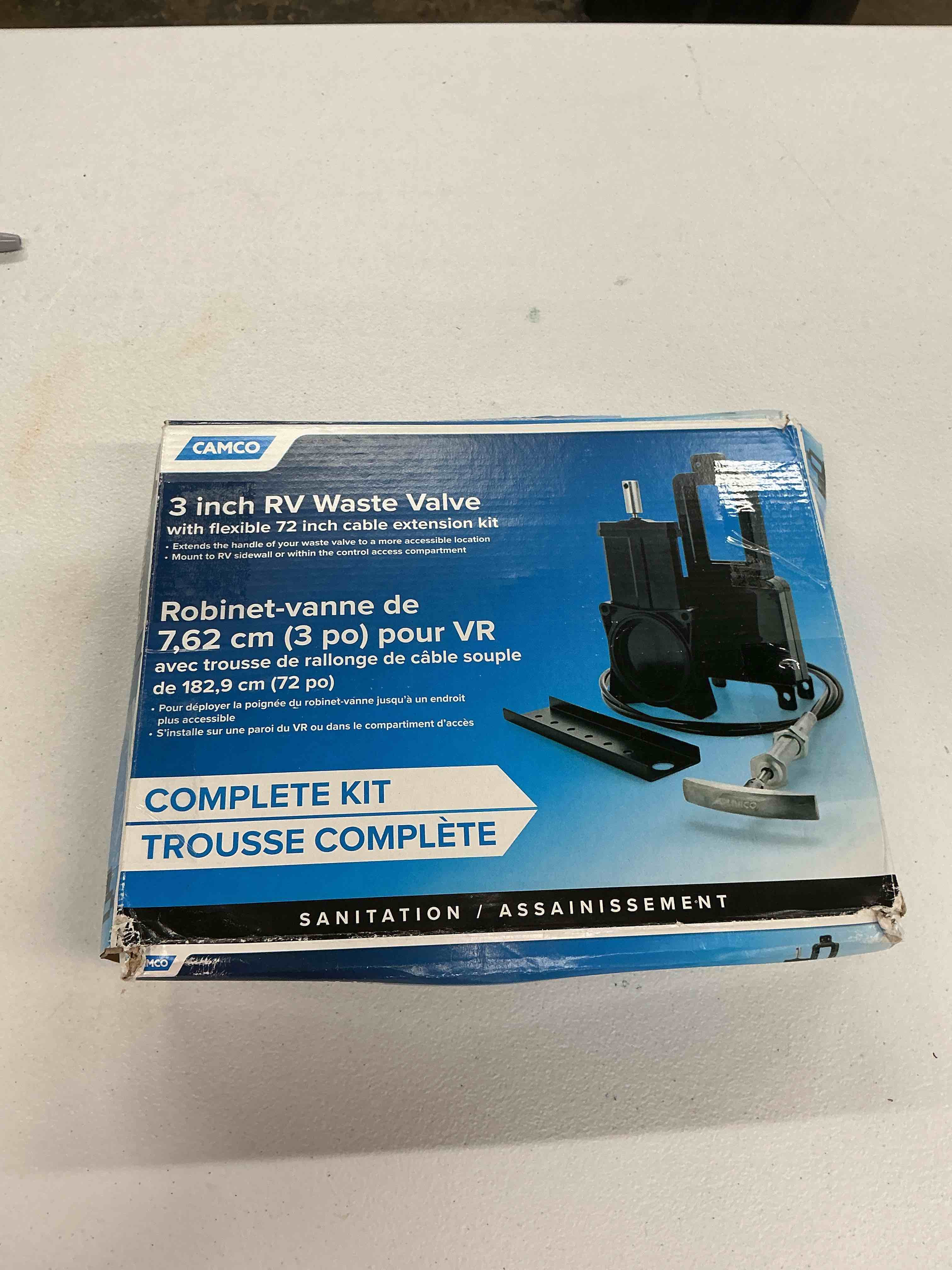 Condition photo showing Good Condition for camco rv sanitation system 3" waste valve with 72" cable extension kit for sidewall or control access compartment mount installation 3" valve 3” valve w/cable extension