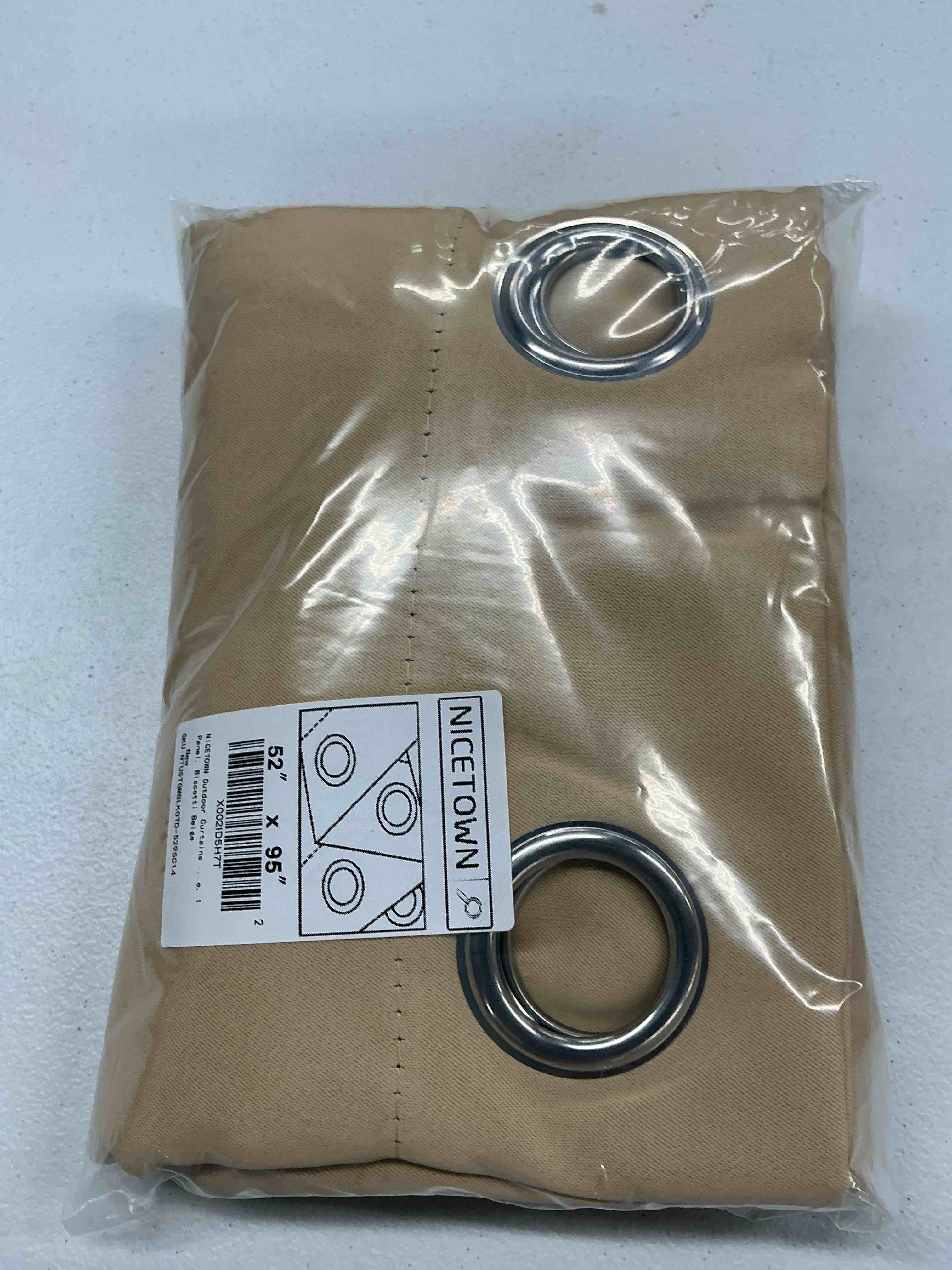 Condition photo showing Good Condition for nicetown outdoor curtains for patio waterproof 95" l, blackout gazebo curtain for pergola/porch weatherproof, uv & privacy protection outside drape, 52" wide, 1 panel, biscotti beige biscotti beige 52"w x 95"l (pack of 1)