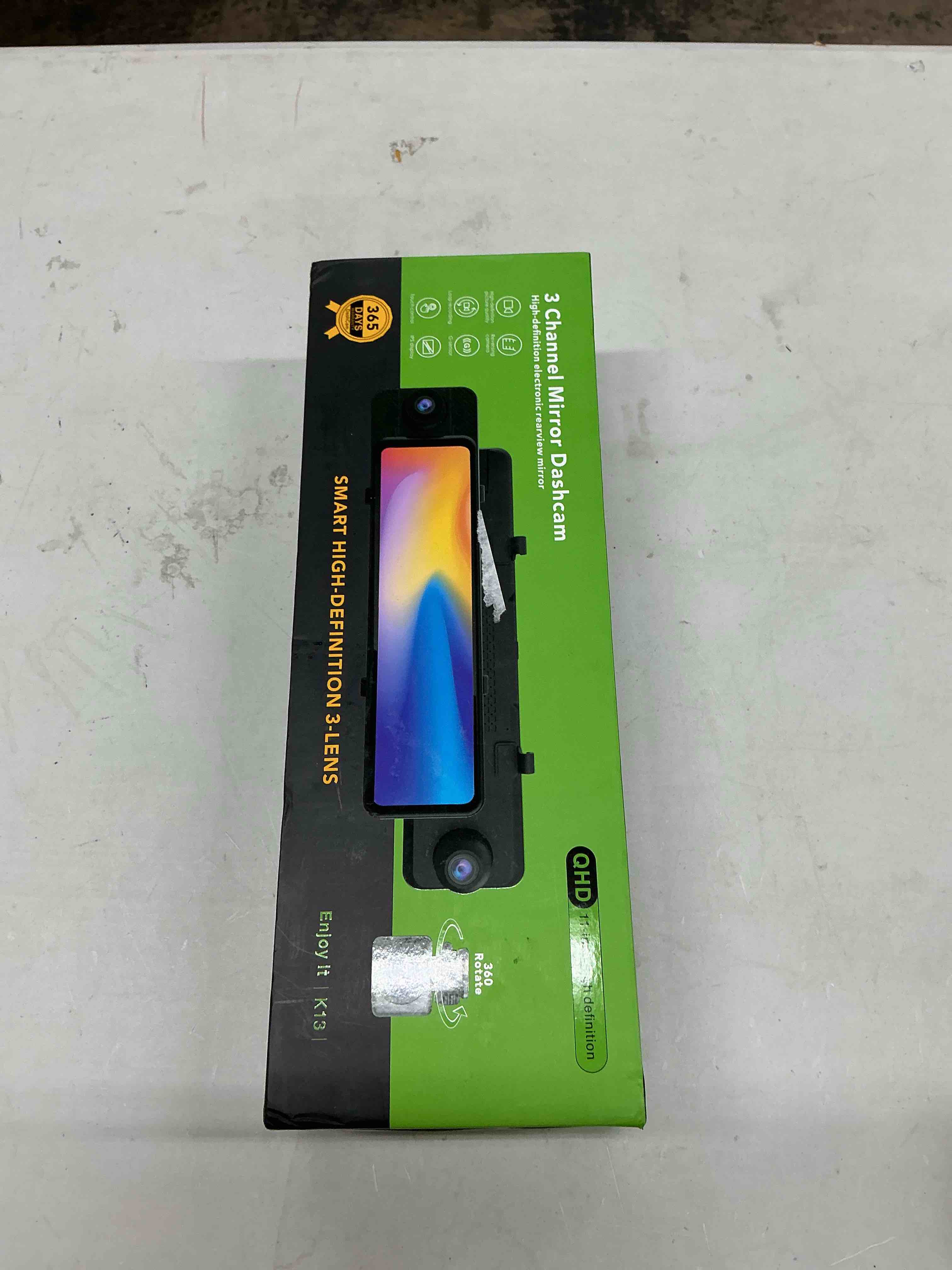 Condition photo showing Good Condition for 3 channel rear view mirror camera, 4k+1080p+1080p front inside and rear car camera, 12" touch screen backup camera with 5ghz wifi gps, 24h parking mode, hdr night vision, g sensor, free 64g card 3 channel mirror camera+64gb