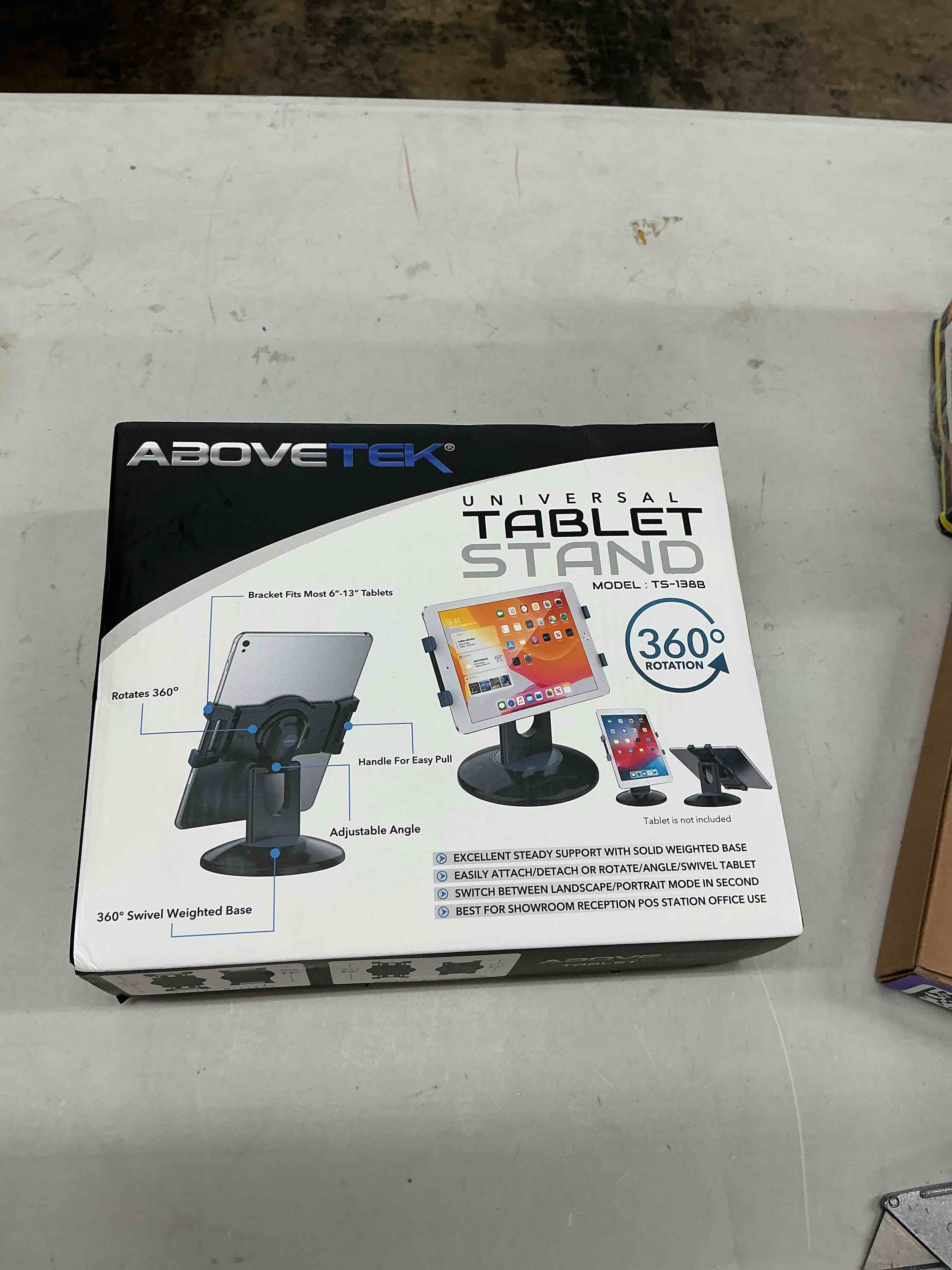 Condition photo showing Good Condition for abovetek retail kiosk ipad stand, 360° rotating commercial pos tablet stand, fits 6"-13" (screens) ipad mini pro-business swivel tablet holder, for store office reception kitchen desktop (black)