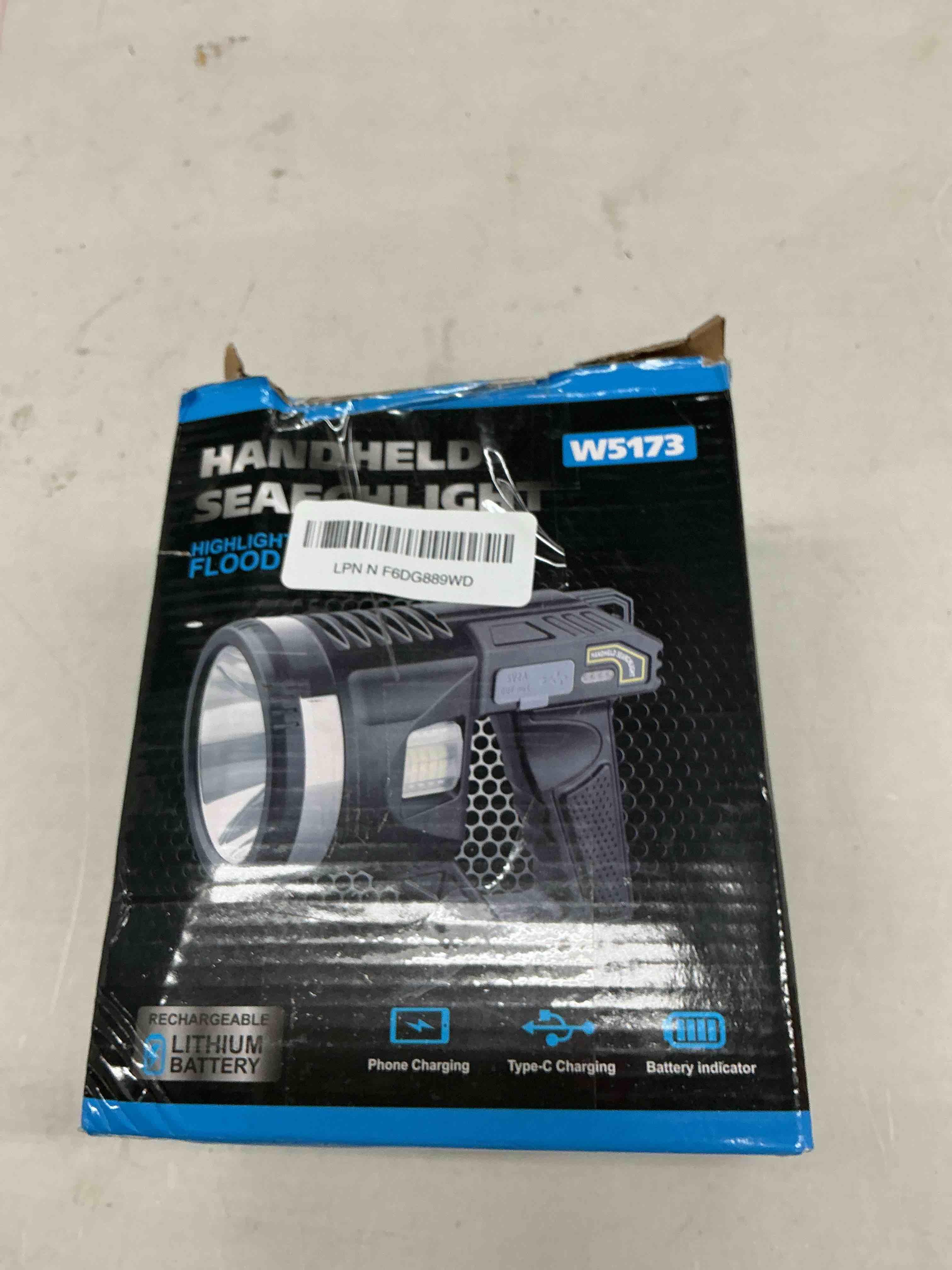 Condition photo showing New/Like New for 2000000 lumens spotlight, 6 modes super bright led rechargeable spotlight flashlight with cob light, tripod, strap, 15000mah 18hrs ipx7 waterproof spot lights outdoor handheld for boating, l large