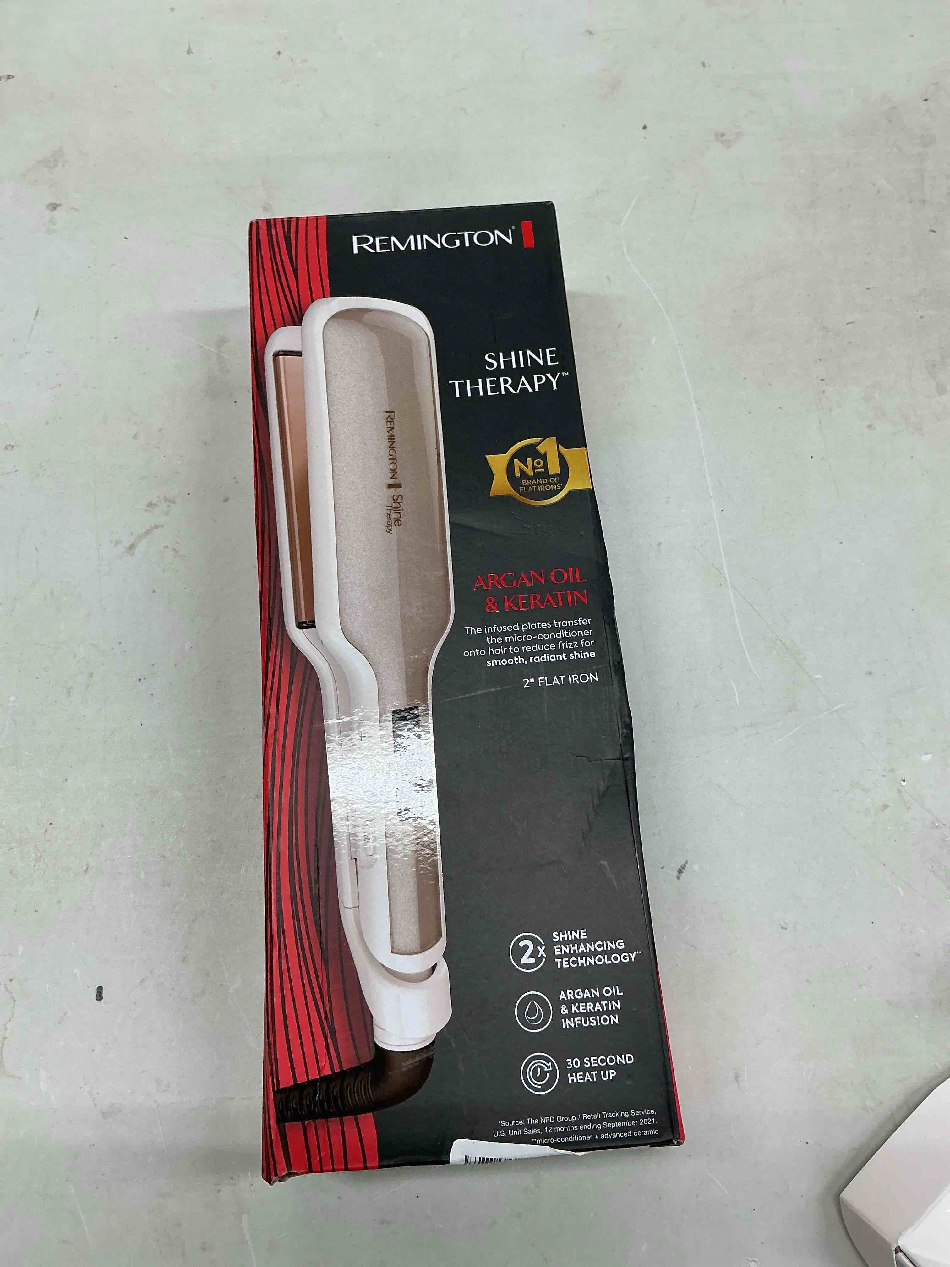 Condition photo showing Good Condition for remington shine therapy 2 inch hair straightener, argan oil & keratin | ceramic flat iron plates infused with argan oil and keratin, reduces frizz for shiny, smooth results. champagne 2”