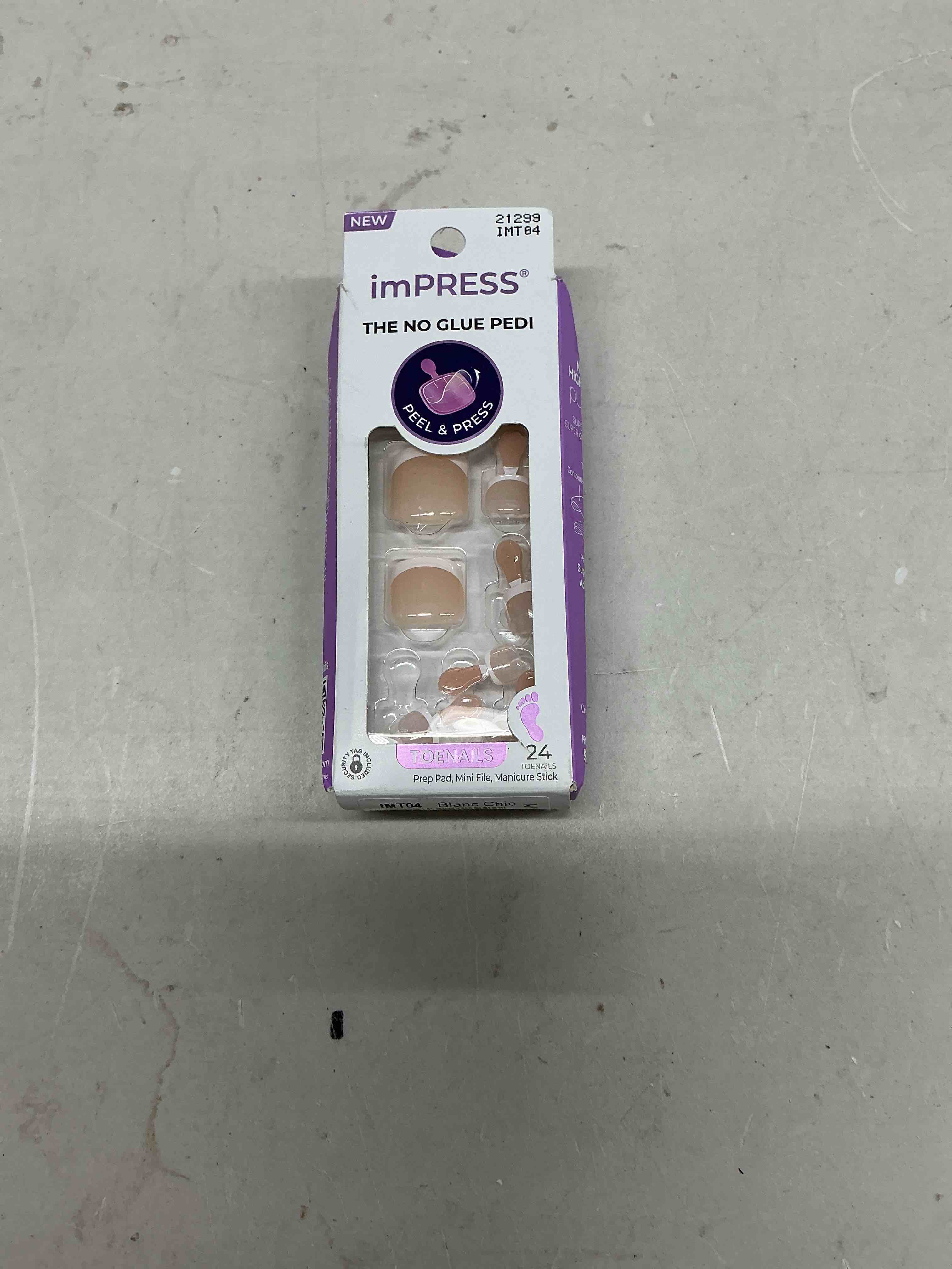 Condition photo showing Good Condition for kiss impress french tip press on toenails, 'blanc chic', white, short squoval, pedicure nail kit includes 24 press on toenails, prep pad, mini nail file, & pedicure stick short blanc chic