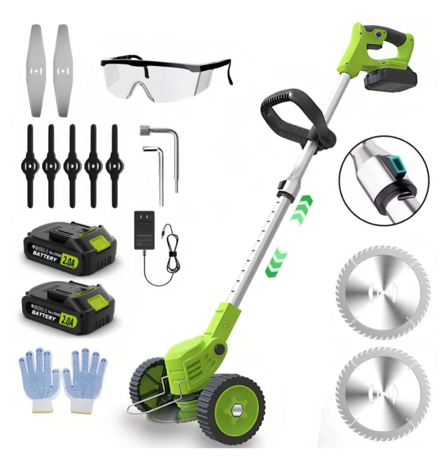 Teblint Electric Weed Wacker, Cordless String Trimmer, Weed Eater Grass Trimmer/Edger/Cutter with Wheels, 2Pcs 21V Batteries, 3 Types of Blades, Adjustable Length for Lawn Yard Garden (Green)