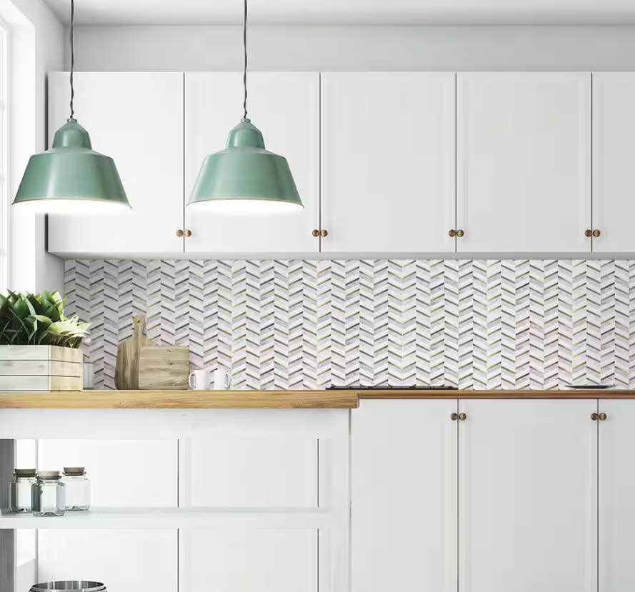 Dreamcicle White 11.875 in. X 11.875 in. Chevron Marble/Gold Metal Floor and Wall Mosaic Tile (9.79 Sq. Ft./Case)